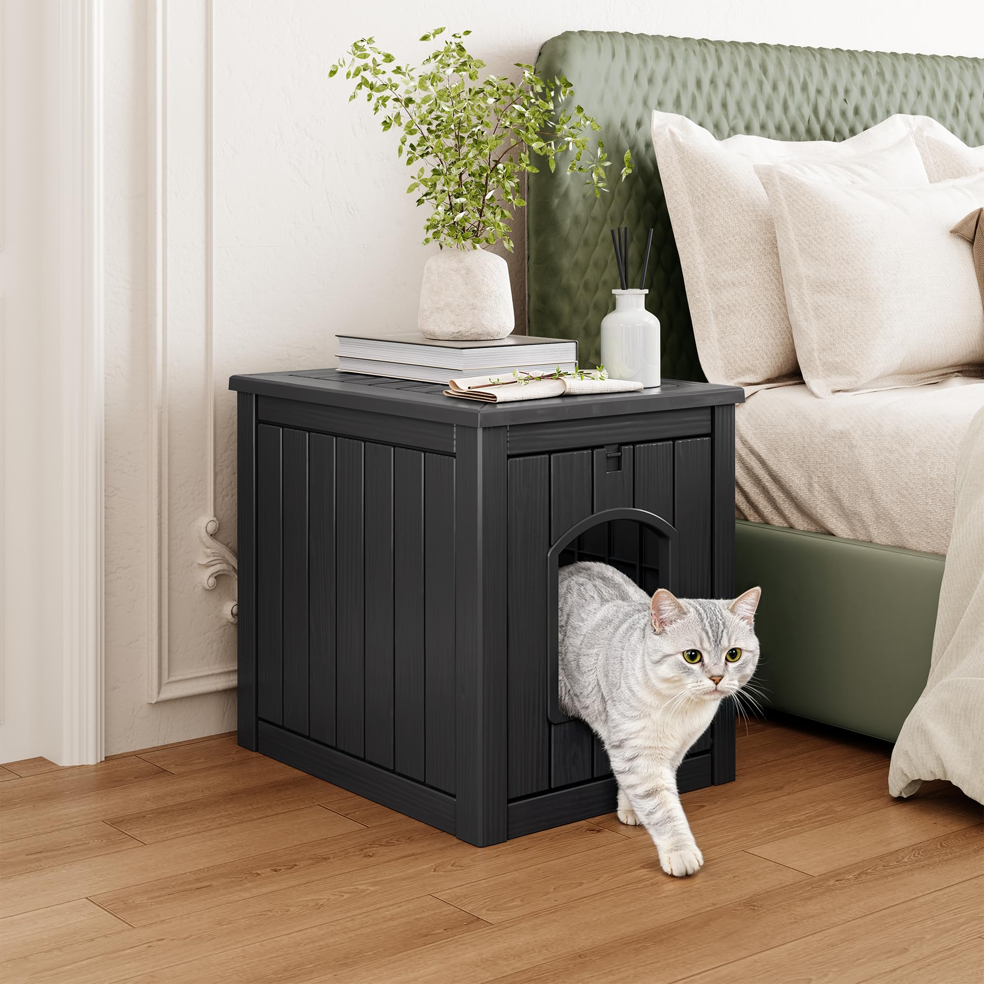 Cat Litter Box Enclosure, Plastic Hidden Litter Box Side Table with Openable Front Door, Waterproof & Weatherproof Cat Box Enclosure Cabinet for Indoor & Outdoor Use (Black) - image 3