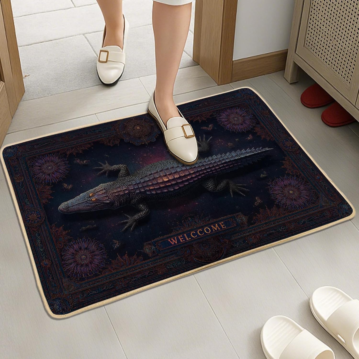 Gator Welcome Doormat, Dark Green Alligator Outdoor & Indoor Entry Mat Tropical Decor, Non-Slip Waterproof Dust Trapper, Easy Clean 29x17 Inch