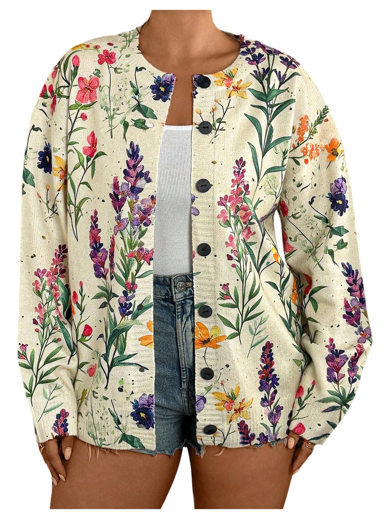 WDIRARA Womens Plus Size Floral Print Cardigan Sweaters Button Down Long Sleeve Lightweight Knit Outerwear Trendy 2025