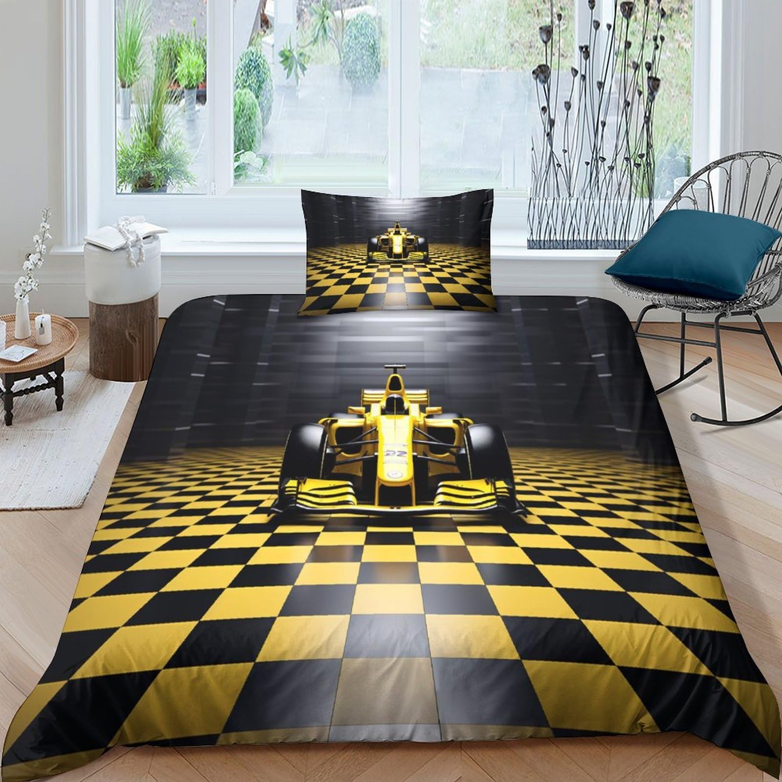 HOTGE F1 Car Racing Bedding Set For Girls Boys Gift Kids 3D Printed Sports Car Duvet Cover Set With Pillowcases Quilt Cover Soft Bedroom Bedspread Single（135x200cm）
