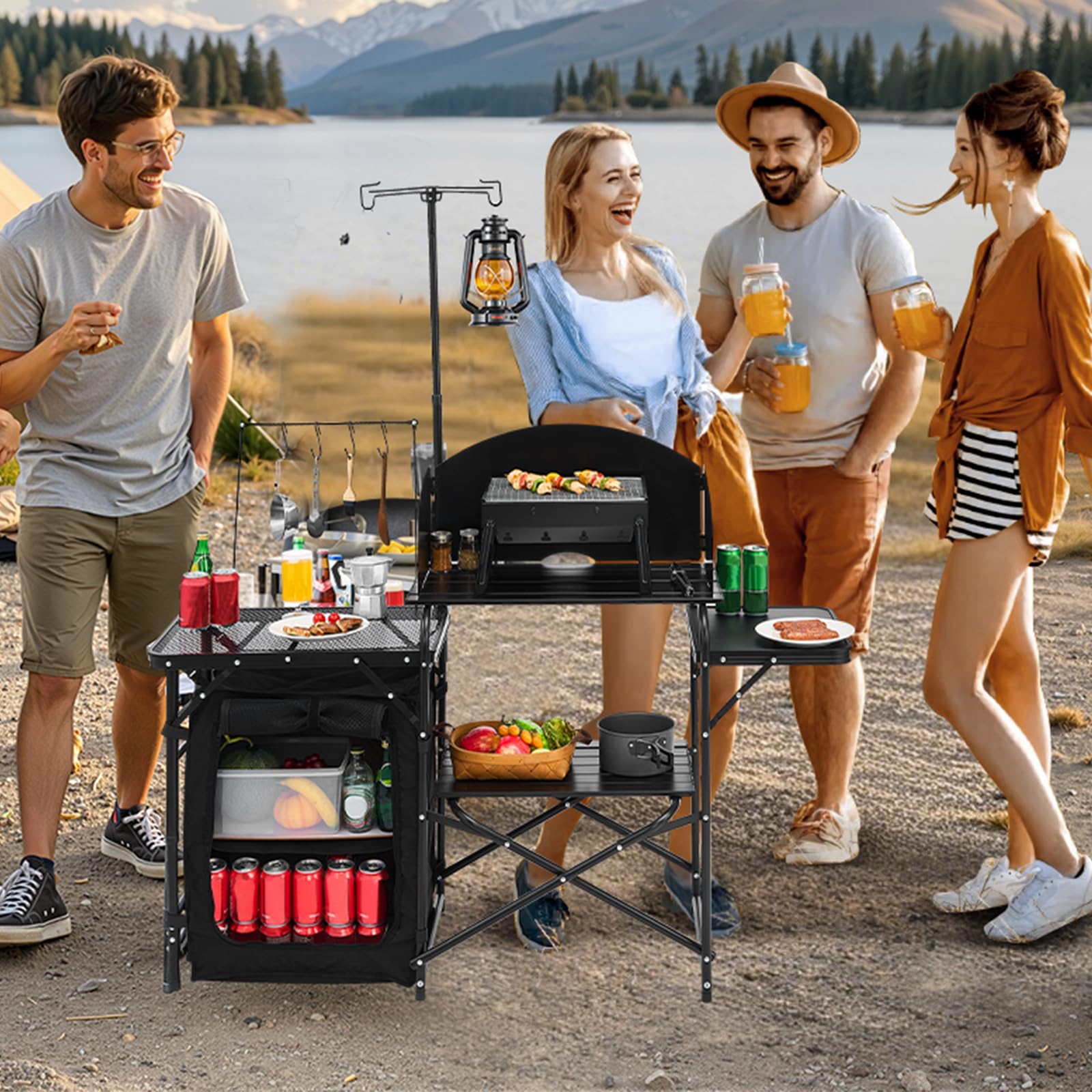 VEVOR Mesa de Cocina para Acampar al Aire Libre, de Aluminio, con Armario de Almacenamiento, Bolsa de Transporte, Parabrisas Desmontable, Apto para Barbacoa, Fiesta, Pícnic, Viajes en RV, Negro