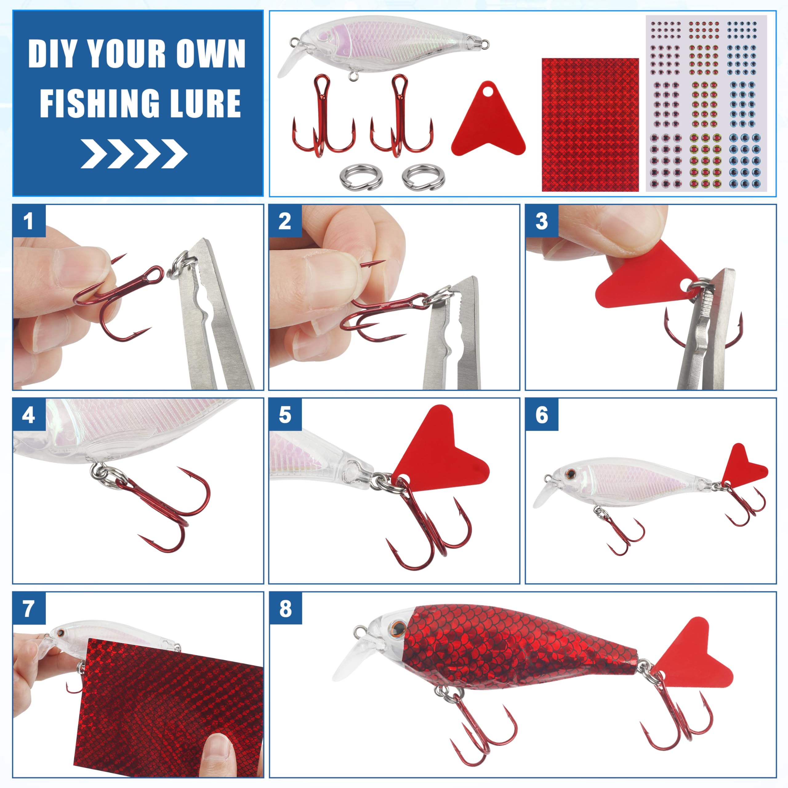 Unlackiertes Angelköder-Set, 375-teilig, blanko, Crankbaits, Elritze, Hartköder-Set, enthält Köderbänder, Augen, Drillingshaken, Spaltringe, Speed-Clips, machen Sie Ihre eigenen Angelköder