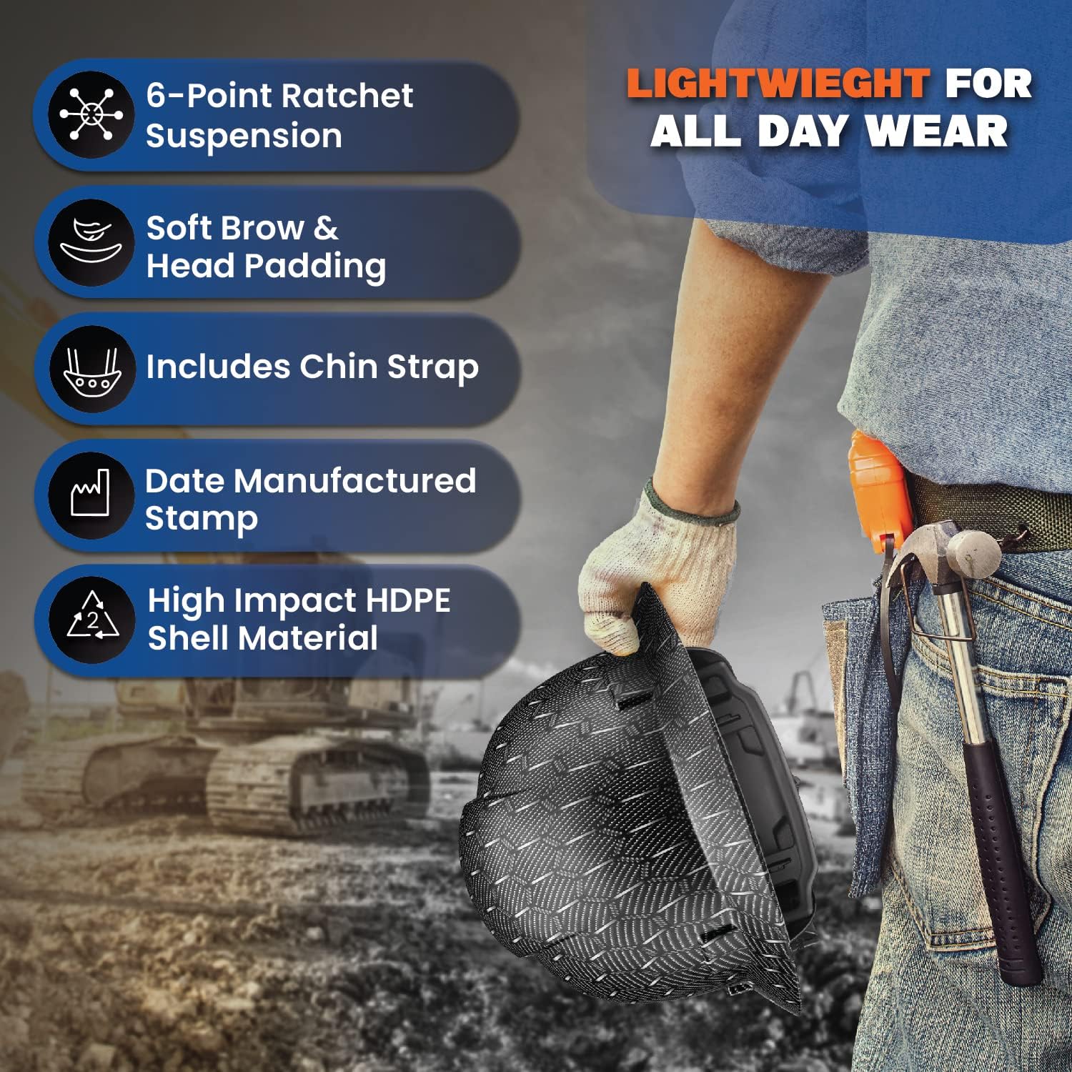 Acerpal Updated Vented Full Brim Hard Hat, Black Honeycomb, Padded, OSHA Construction Safety Approved Hardhats, Hard Hats for Men, Cascos De Construccion Helmet.