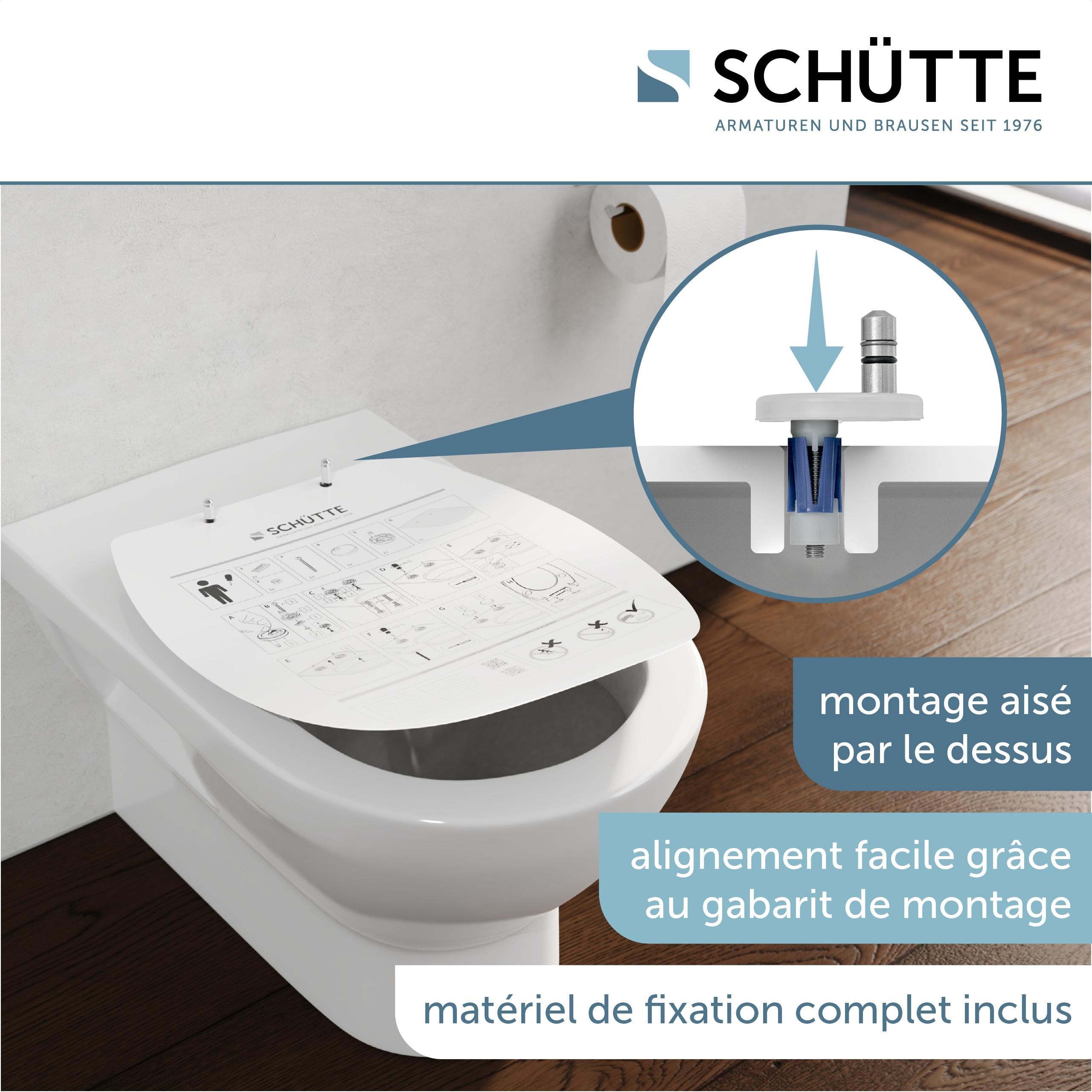 Schütte Abattant WC Universel Fin - Duroplast, Abaissement Automatique | Lunette de toilette Duroplast incassable, amovible, fixation adhésive, charge 250 kg, compatible céramiques standard