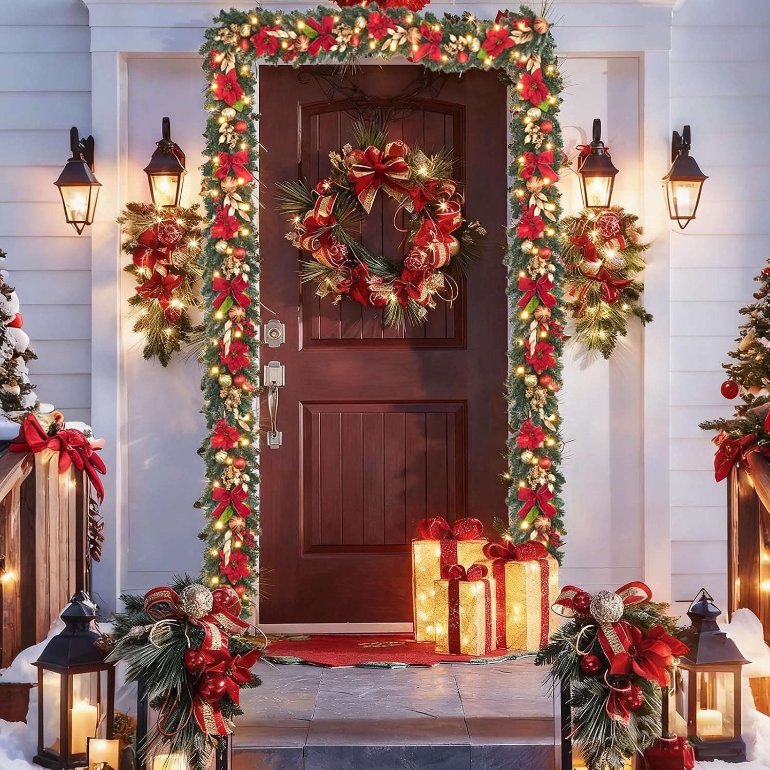 6ft Pre-lit Garland,red Gold Christmas Poinsettia Garland with 25 LED Light String,Indoor Outdoor Lighted Decorations on Mantle Fireplace Front Door Stairs Winter Decor Battery Operated with Timer