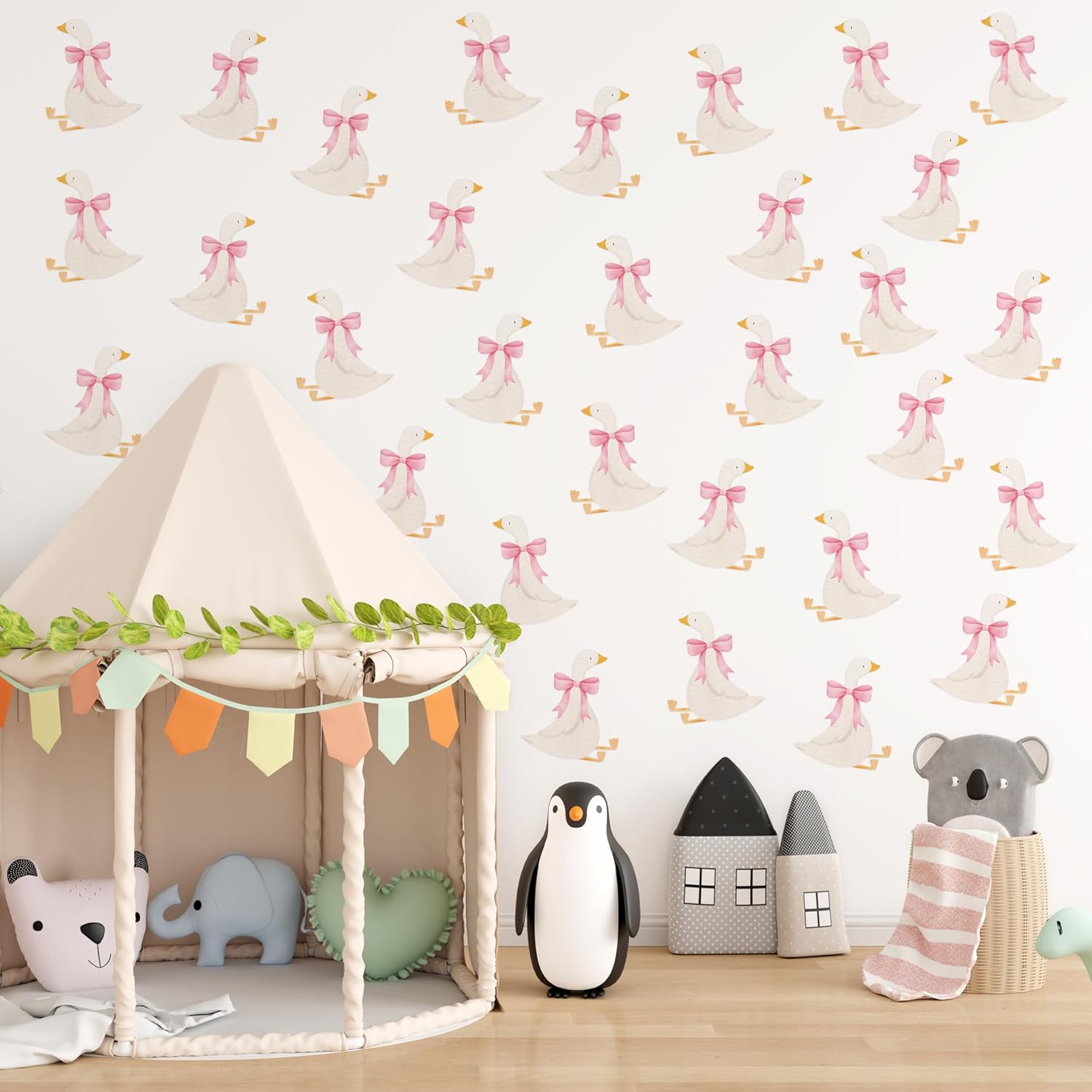 Goose Wall Art Sticker - 80pcs Watercolor Pink Bow Goose Wall Decals Print for Home Bedroom Playroom Decoration, Removable Vinyl Cute Animal Geese Stickers for Baby Shower Nursery Kindergarten