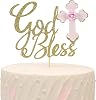 Girl God Bless Cake Topper - Baptism Cake Topper with Cross, Glitter Gold Cake Topper for First Communion, Religious Baptism, Christening, Child Dedication Keepsake Decoration