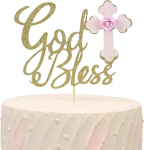 Decoración para pastel de niña que Dios bendiga Decoración para pastel de bautismo con cruz, decoración de pastel dorada con purpurina para primera Decoración para pastel de niña que Dios bendiga Decoración para pastel de bautismo con cruz, decoración de pastel dorada con purpurina para primera
