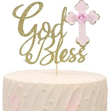 Girl God Bless Cake Topper - Baptism Cake Topper with Cross, Glitter Gold CakeTopper for First Communion, Religious Baptism, Christening, Child Dedication Keepsake Decoration
