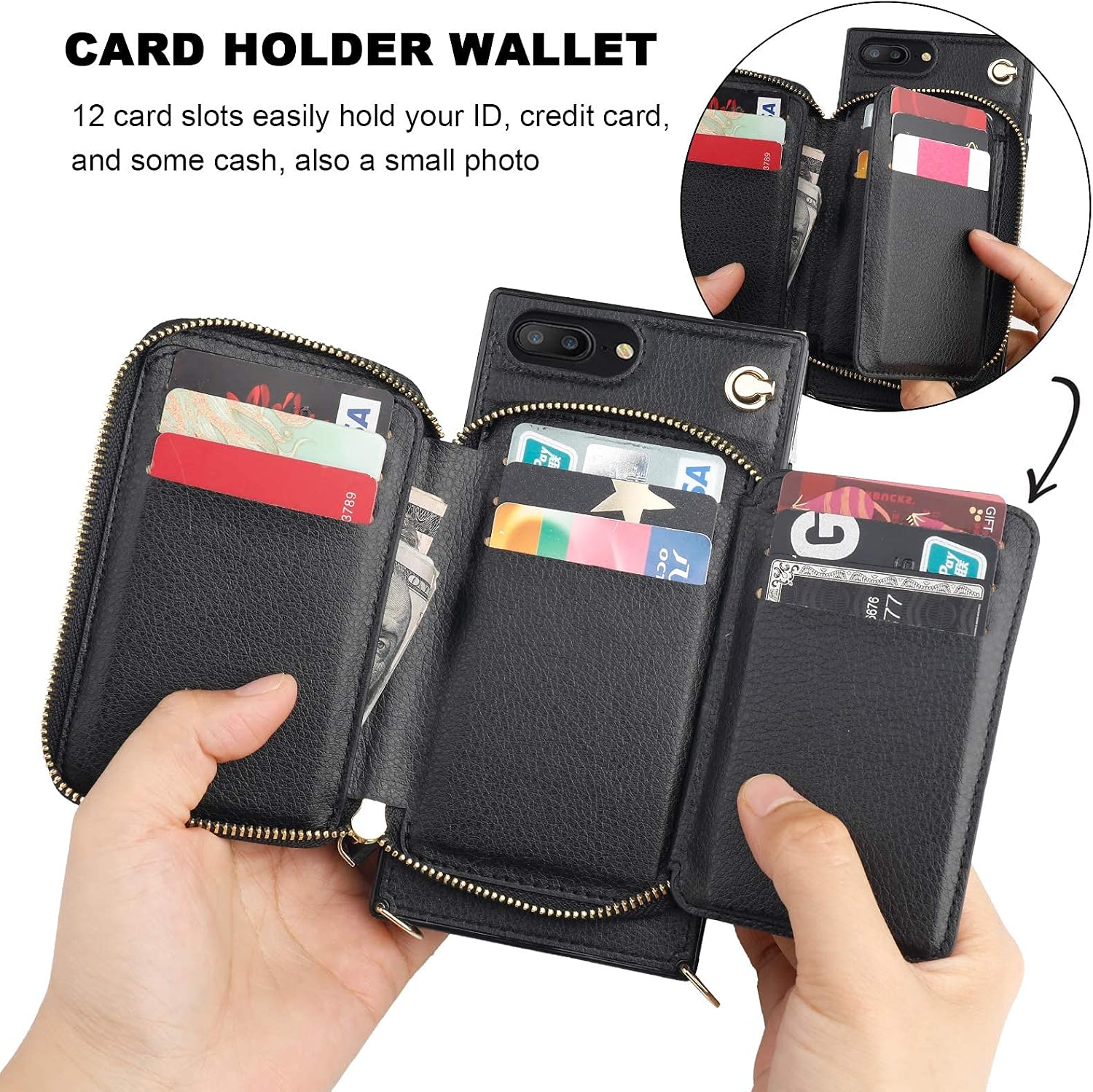 KIHUWEY iPhone 7 Plus iPhone 8 Plus Crossbudy Wallet Case PU Leather Wallet Case with Credit Card Holder Wrist Strap Kickstand Protective Lanyard Purse Cover Case 5.5 Inch (Black)