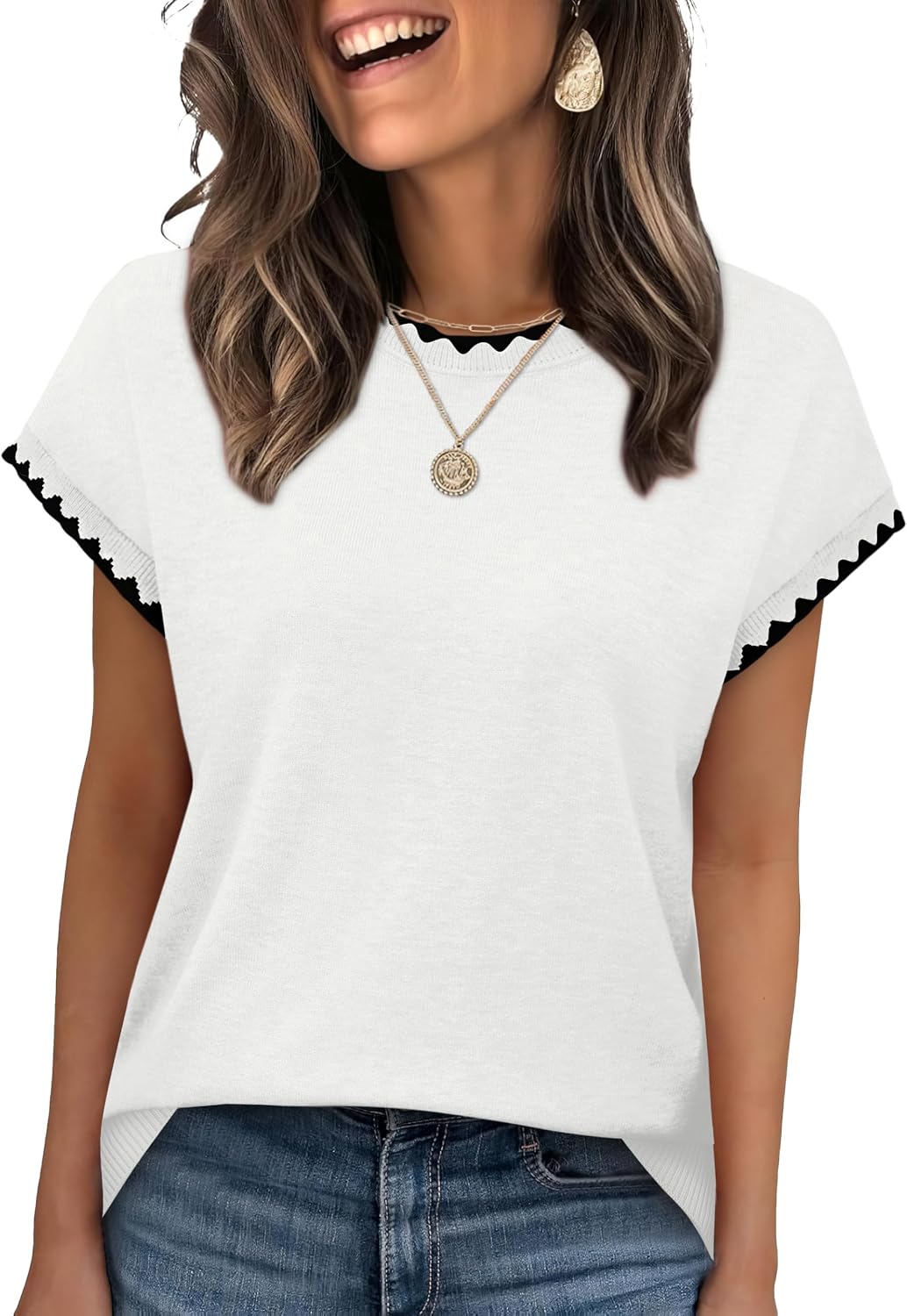 Sampeel Womens Short Sleeve Sweaters Tops Spring Outfits Crew Neck Summer Sweater Shirts Business Casual Work Tops