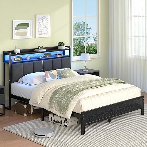Miniatura 8 de Base de cama Queen con luces LED y estación de carga, plataforma de metal tamaño Queen con cabecera de almacenamiento tapizada, listones de metal