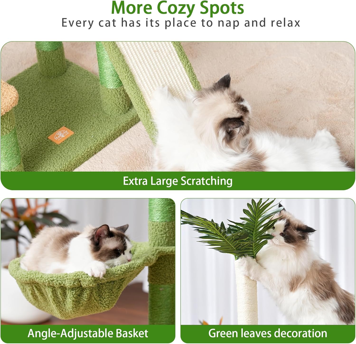 review Heybly Cat Tree, 65.4 inches Cat Tower for Indoor Cats, Cat Condo with Leaves Perches, Basket, Leaf, Feeding Bowl, Multi-Level Plush Modern Furniture Scratching Posts, Green and Yellow HCT015GY