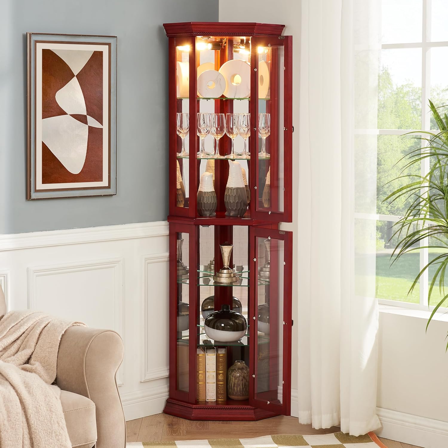 70''Lighted Corner Curio Display Cabinet, 3-Side Glass Display Cabinet with Adjustable Shelve/Included Bead Bulb/Tempered Glass Doors, Floor Standing China Cabinets for Living Room, Dark Cherry