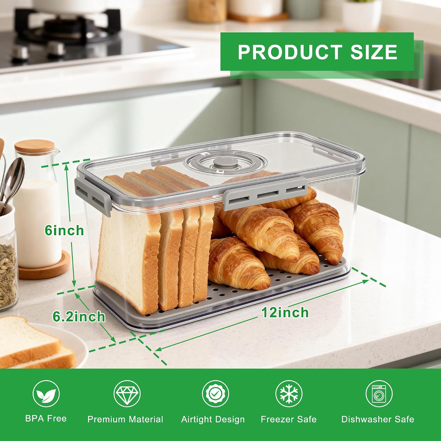 Tiawudi Plastic Bread Box for Kitchen Countertop, Airtight Bread Storage Container for Homemade Bread, Toast, Loaf, Bagel, Donut and Cookies, Time Recording Bread Keeper, Dishwasher Safe