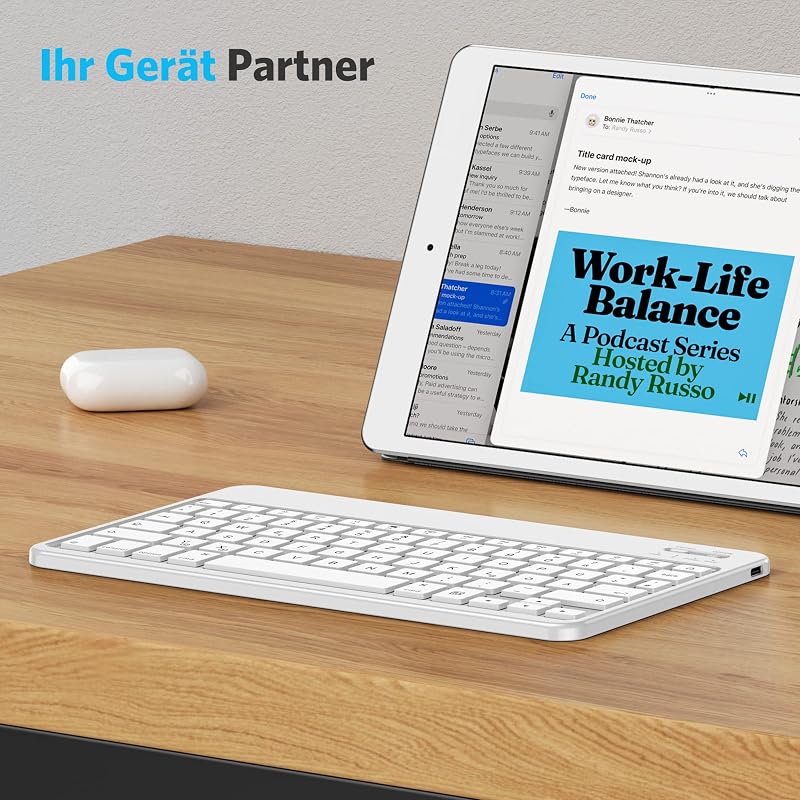 Emetok QWERTZ Bluetooth Billentyűzet iPad/iPhone Készülékekhez - Ultravékony, Újratölthető, Vezeték Nélküli Mini Billentyűzet, Fehér