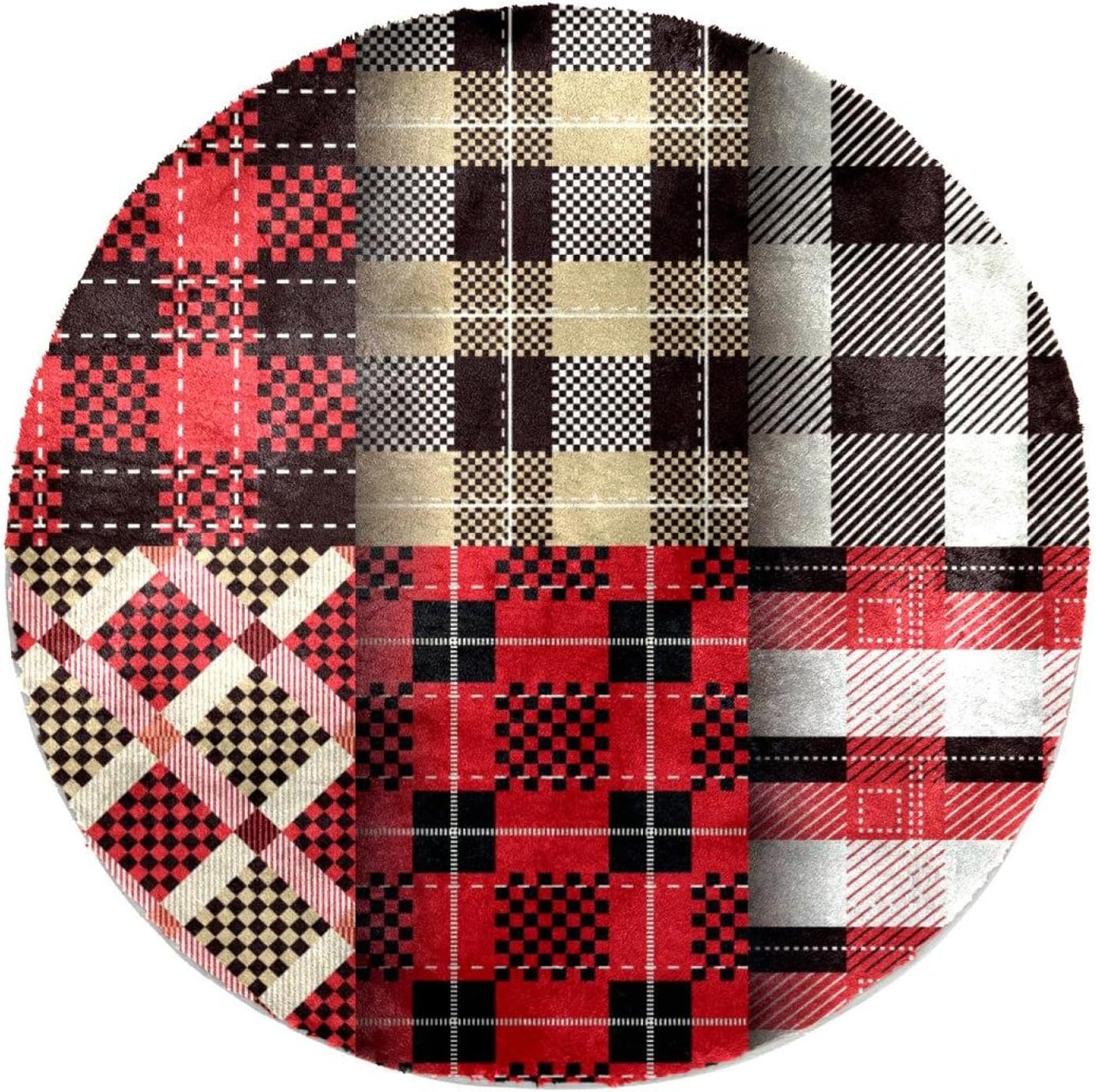 Dragon Sword Faux Fur Area Rug, Round Fluffy Rugs for Bedroom and Nursery Room, Artistic Buffalo Pattern Plaid Red Black White