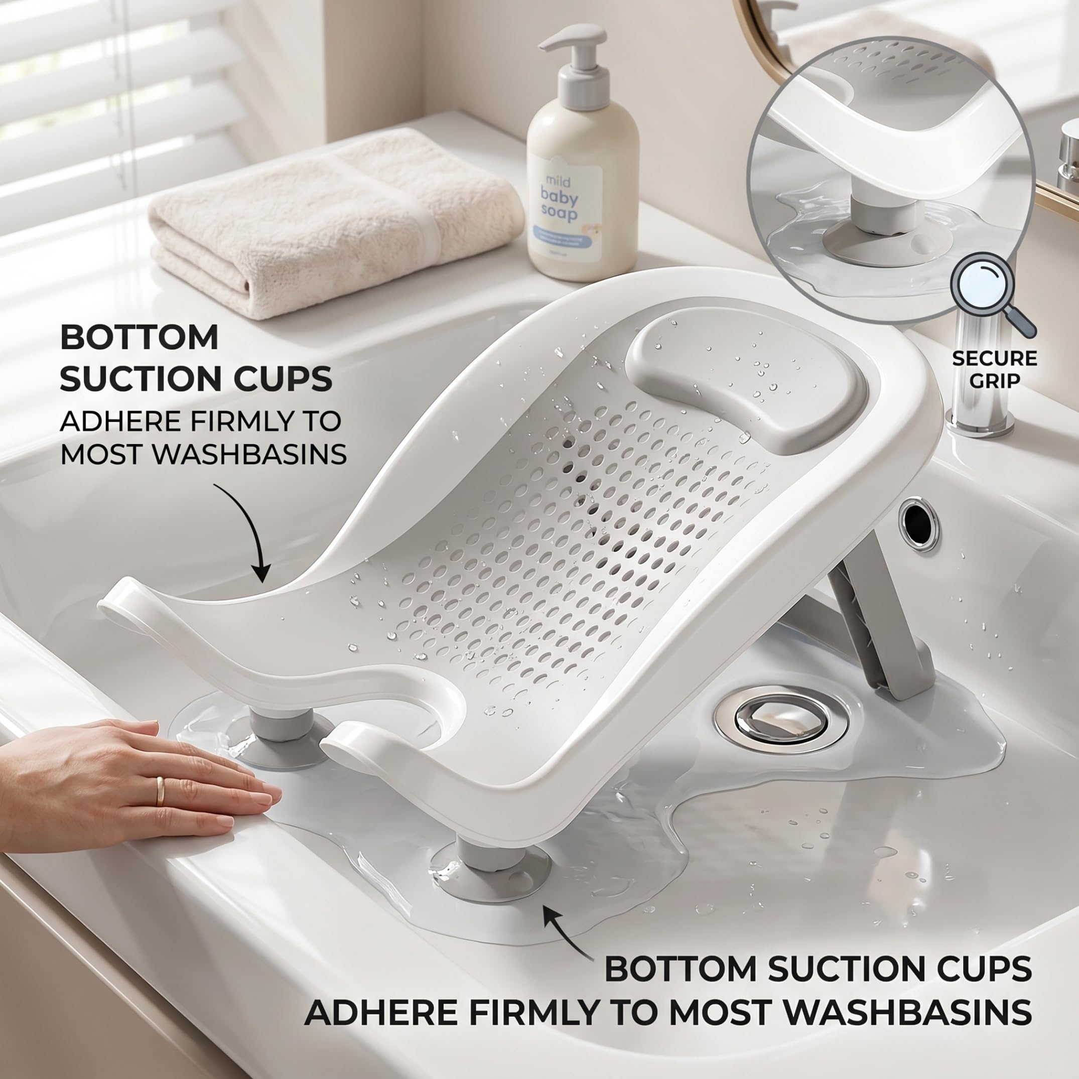Sedili da bagno, Supporto per bagnetto, Vaschetta ergonomica per neonati con ventosa e soluzione per lavabo antiscivolo per gambe per 0-12 mesi - Grigio