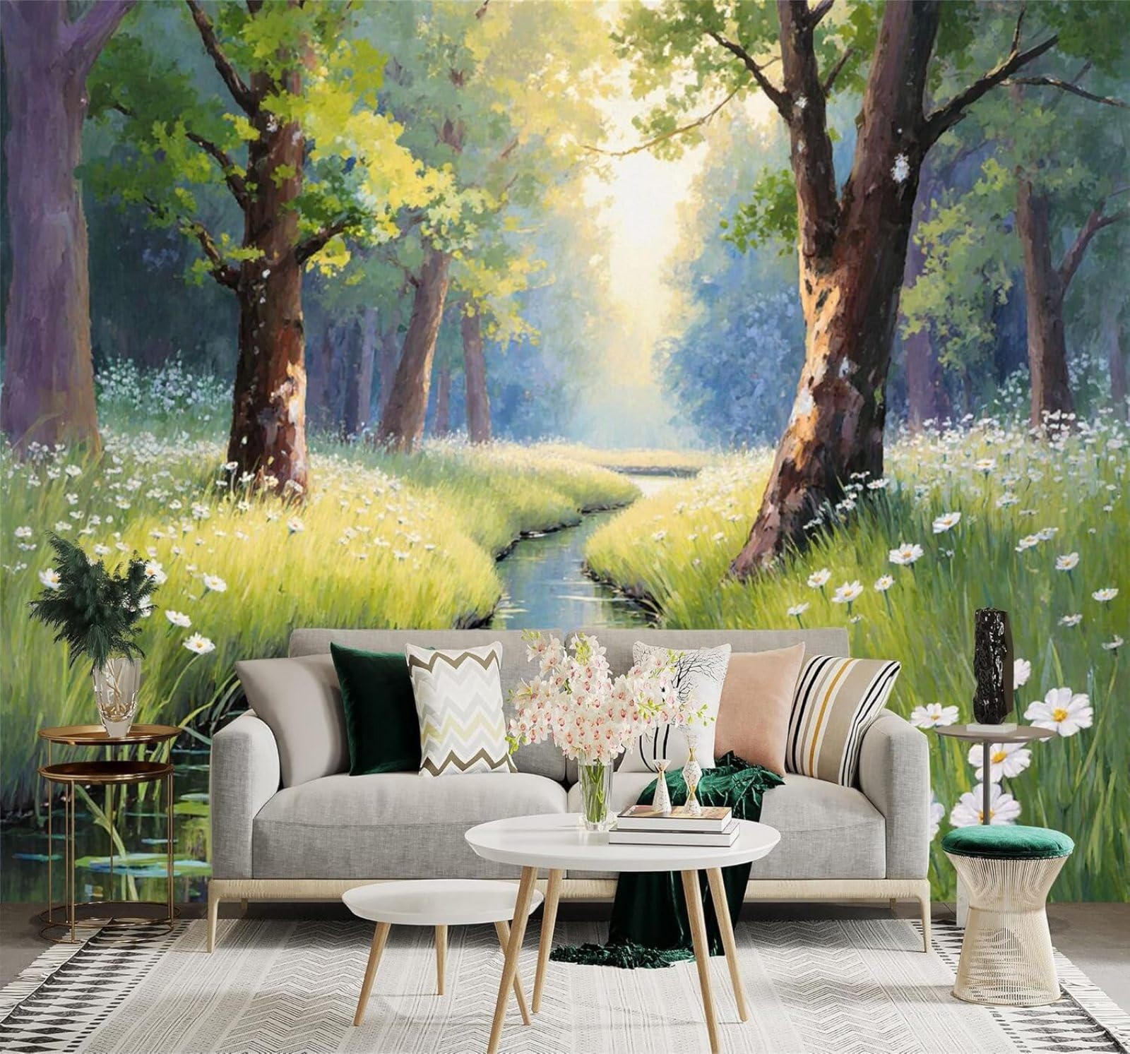 Tzxztt 400Cm×280Cm(B×H) Sunlight Forest Stream Trees White Wildflowers Modern 3D Wallpaper Premium Textured Silk Neutral Tones Material Ideal For Living Room Bedroom-400Cm×280Cm