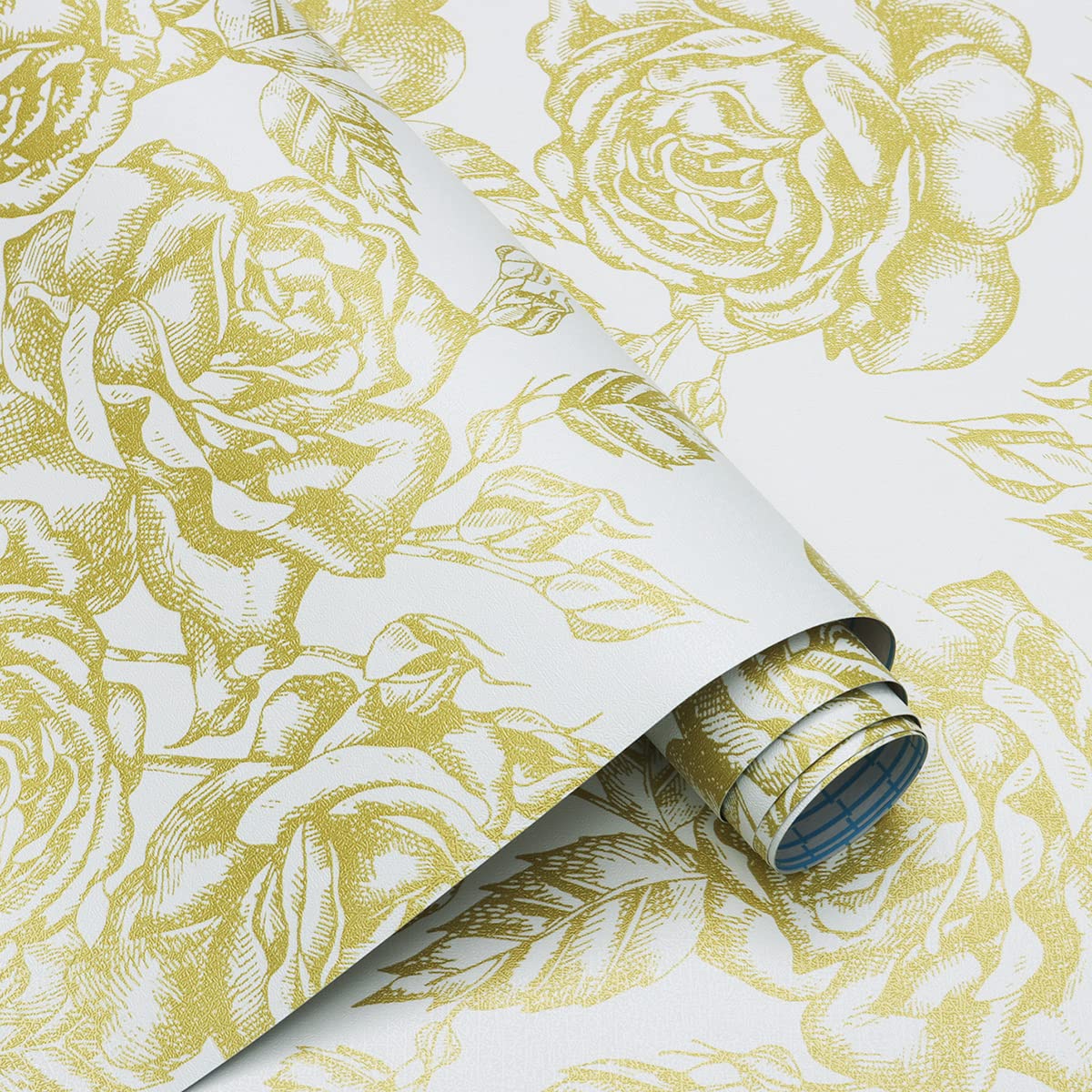 CiCiwind 17.3In×118In Peel and Stick Wallpaper Vintage Gold Wallpaper Peel and Stick Removable Self-Adhesive Wallpaper White and Gold Floral Contact Paper for Walls Covering Bedroom Living Room