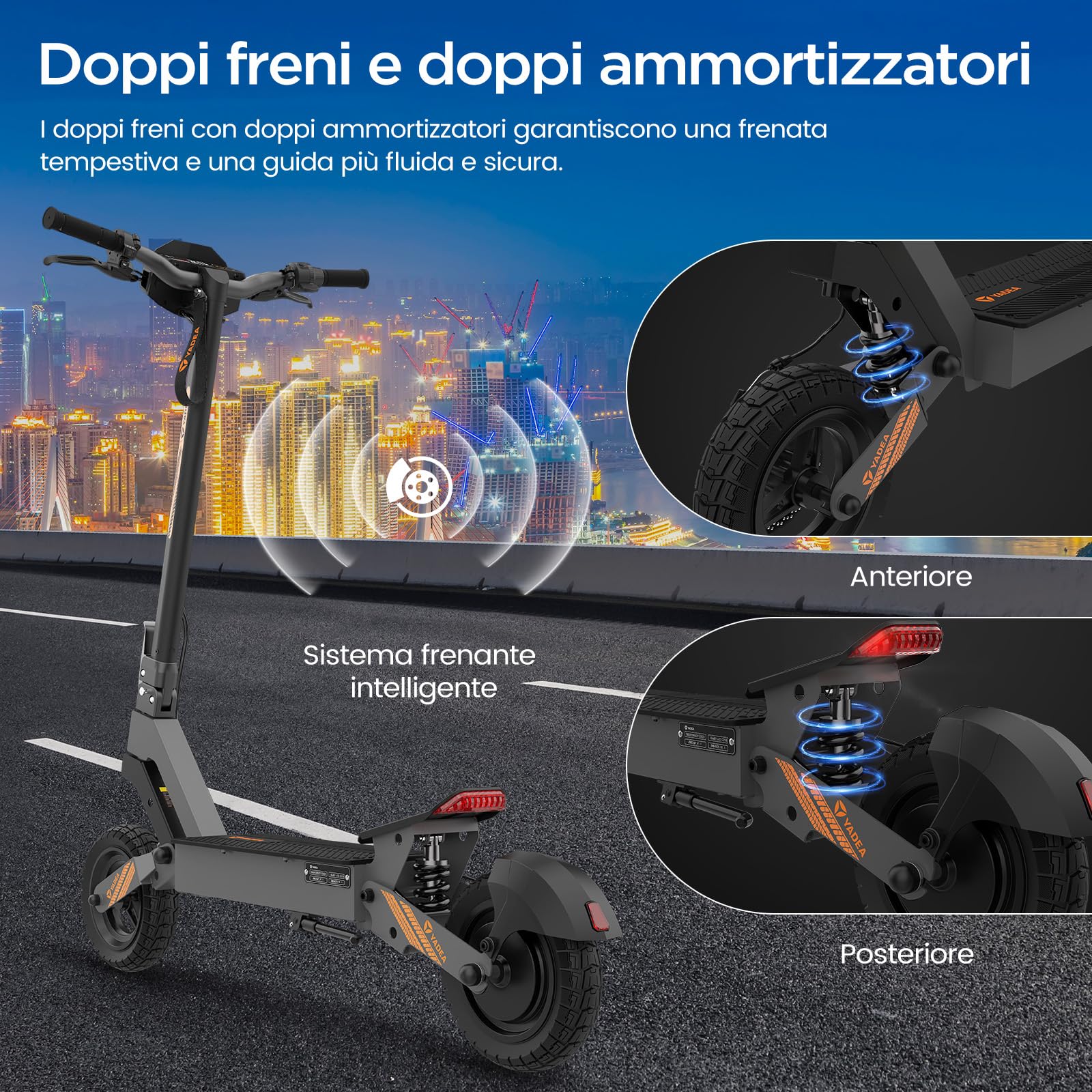 Yadea Monopattino Elettrico per Adulti G10, Autonomia 50-70 km, Batteria 48V/15.6Ah, Motore 800W, Portata Massima fino a 120 kg, Sistema di Frenatura a Doppia Ruota, Monopattino Pieghile Portatile