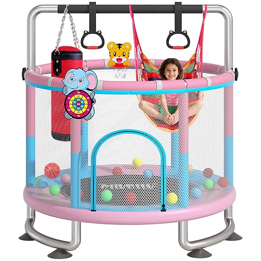 Indoor Outdoor 55" Trampoline for Kids,MILUMILU Toddler Trampoline with Safety Enclosure Net,Mini Baby Trampoline with Basketball Hoop,Trampoline Jumping Mat Birthday Gifts for Children Boy Girl.
