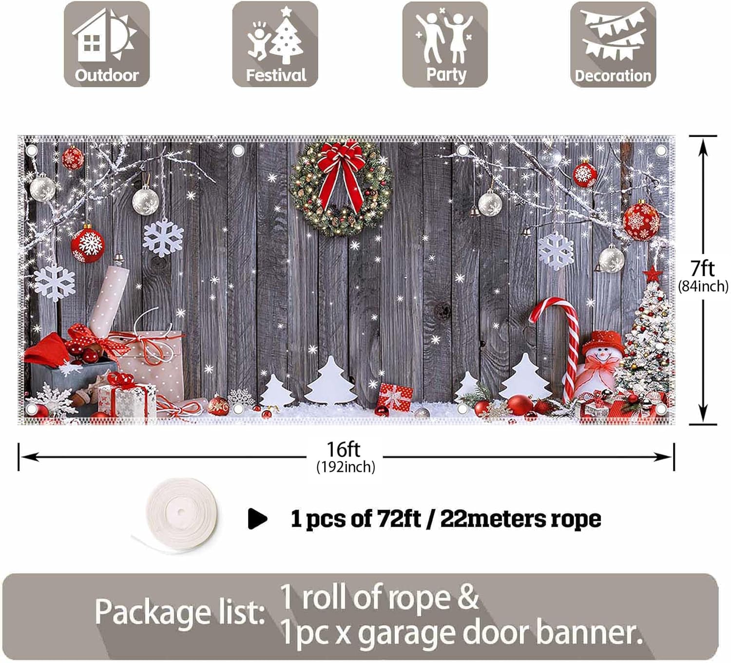 ZTHMOE 1PC 16x7ft Christmas Wooden Garage Door Banner Decorations Winter Rustic Merry Xmas Tree Snow Santa Photography Backdrop Home Outdoor Wall Cover Holiday Party Supplies