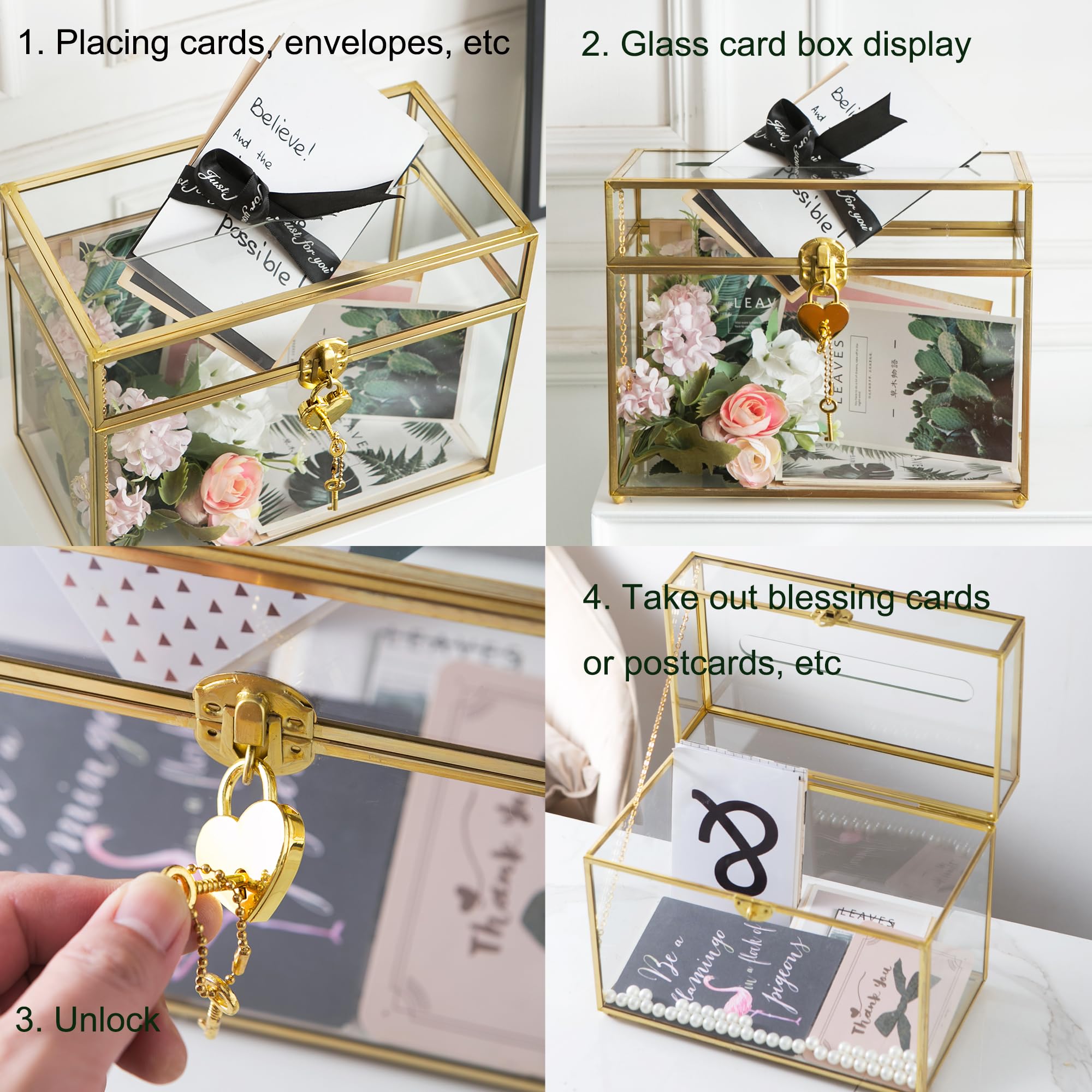 Glas Hochzeitskartenbox mit Schlitz und Schloss, Große Klare Kartenbox Gold Messing Geschenkkarte Aufbewahrungsbox mit Schloss für Hochzeitsempfänge, Babyparty, Geburtstagsfeier, Brautparty