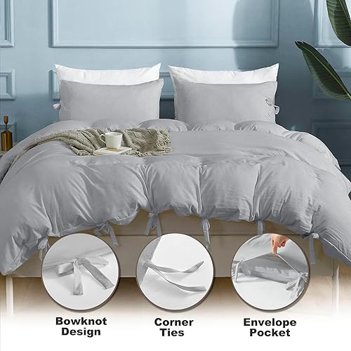 Miniatura 2 de ILAVANDE Juego de funda nórdica (individual, gris claro)