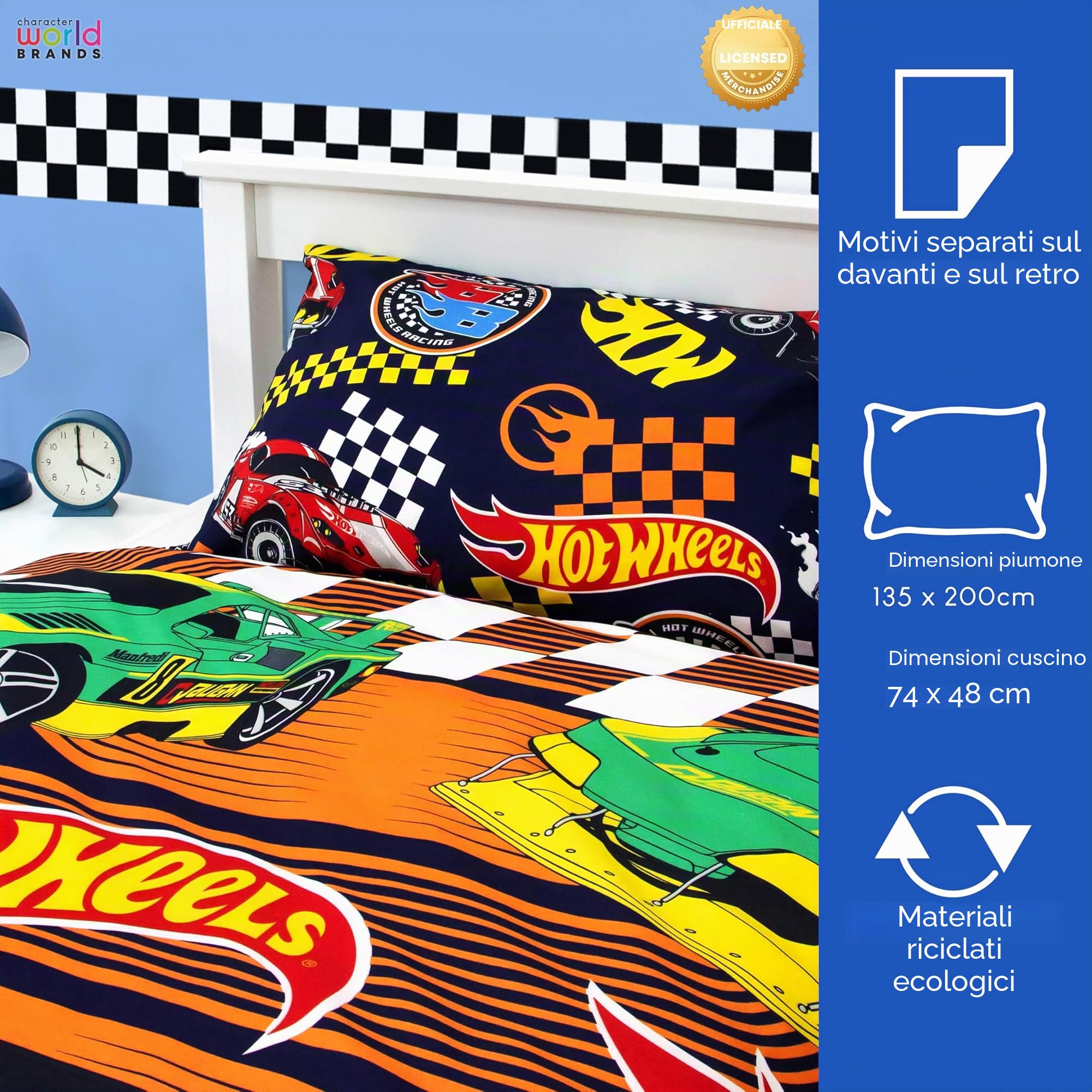 Hot Wheels - Set copripiumino singolo con licenza ufficiale Racer, reversibile, 2 lati, con federa coordinata, perfetto per la camera dei bambini