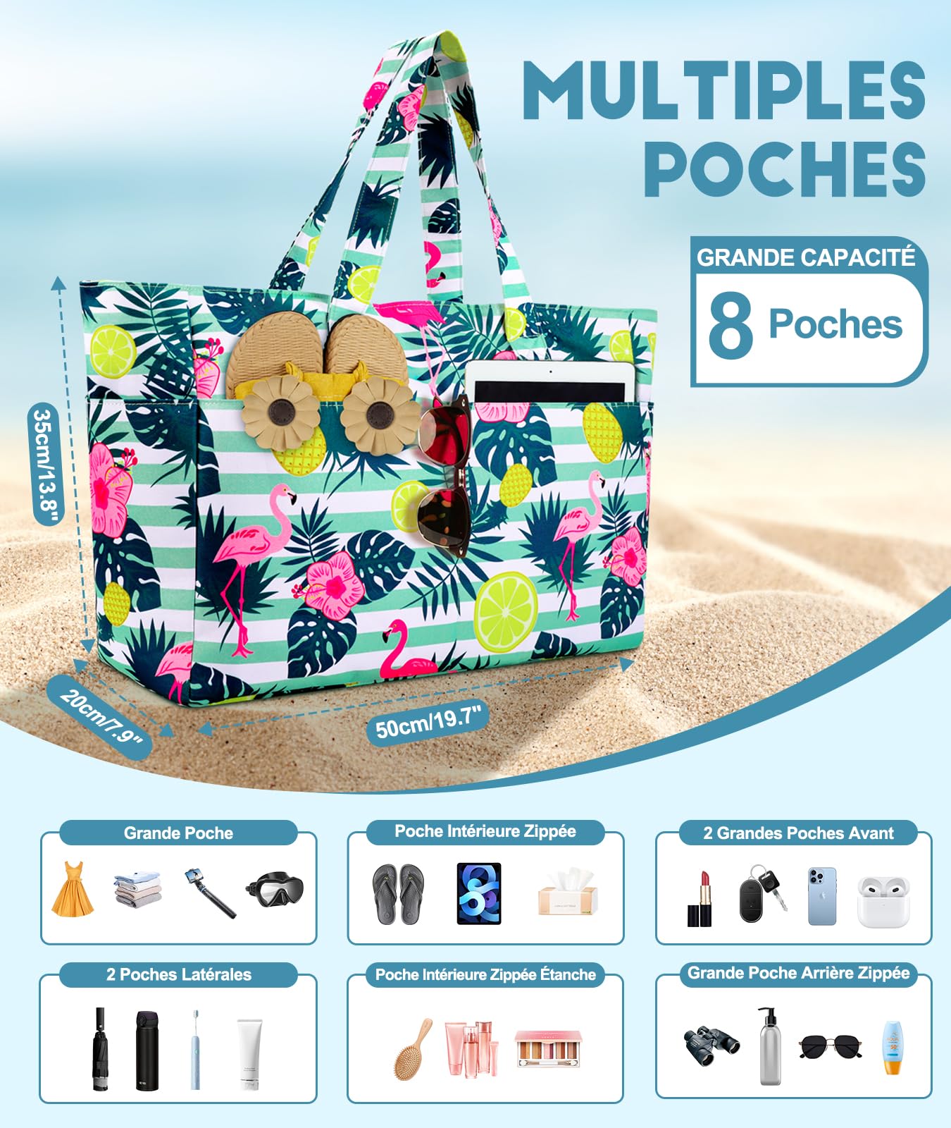 ISEYOU Grand Sac de Plage XXL Imperméable avec Fermeture Éclair, Sac Plage Pliable et Léger, Sacs de Plage Femmes Multi-Poches de Grande Capacité, Parfait pour Piscine, Shopping, Voyage, Vacances, Gym