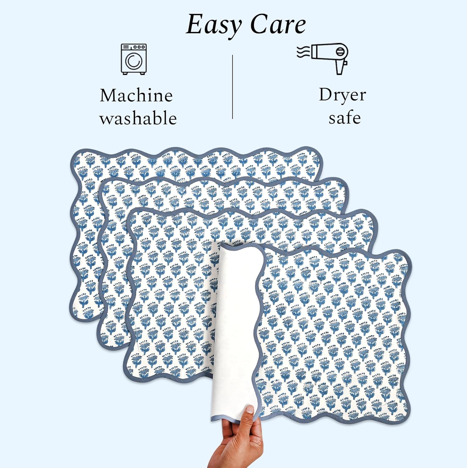 CPC 100% Cotton Reversible Placemat Apatite Blue Set of 4 14x20 Inches Machine Washable Farmhouse Chic Heat-Resistant Table Mats for Dining Table Décor