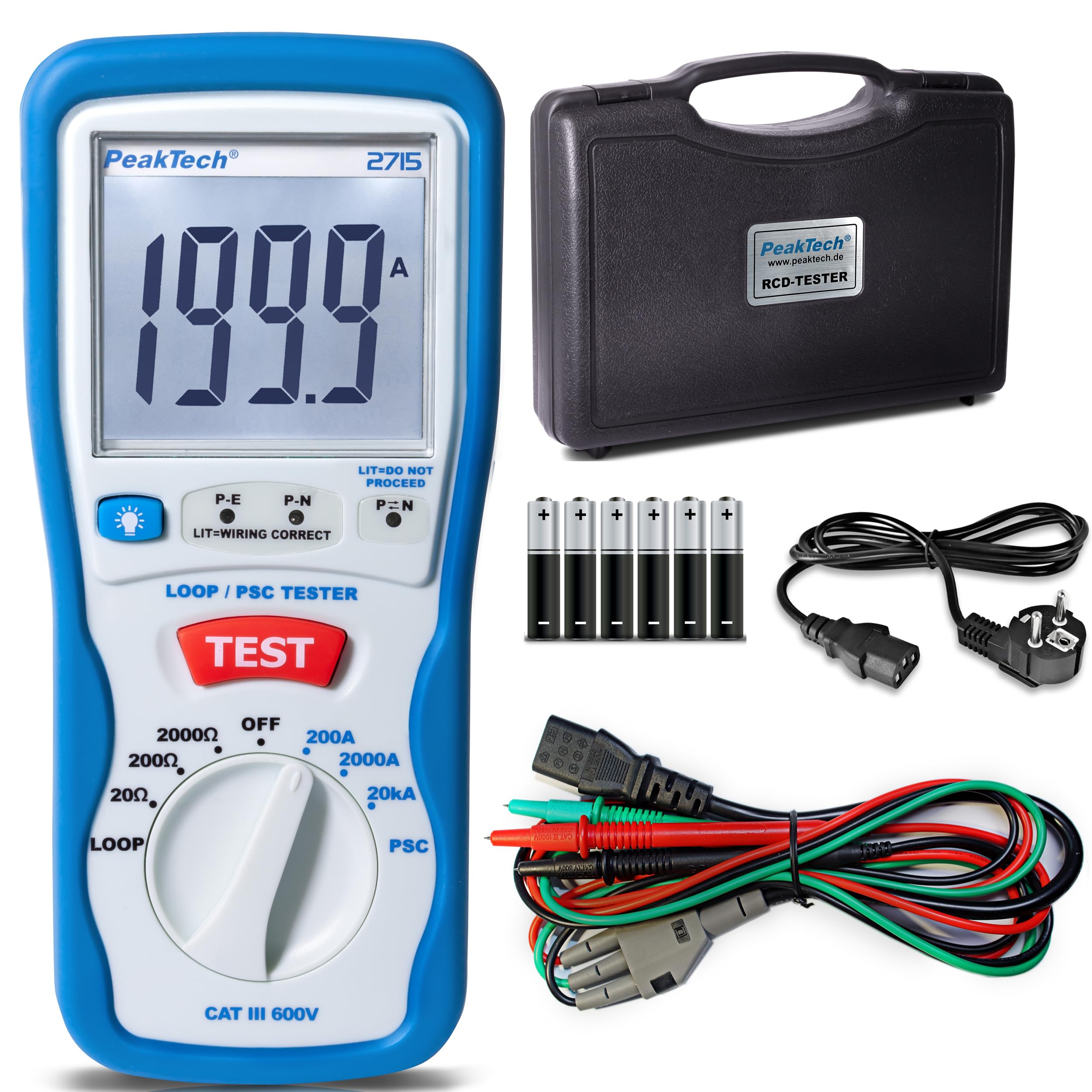 PeakTech P 2715 – Digitaler PSC Schleifentester mit LCD-Display – Hochwertiges Schleifenimpedanz Messgerät mit doppelt isoliertem Gehäuse – Loop Tester mit Hitze- & Überlastungsschutz – CAT III 600 V
