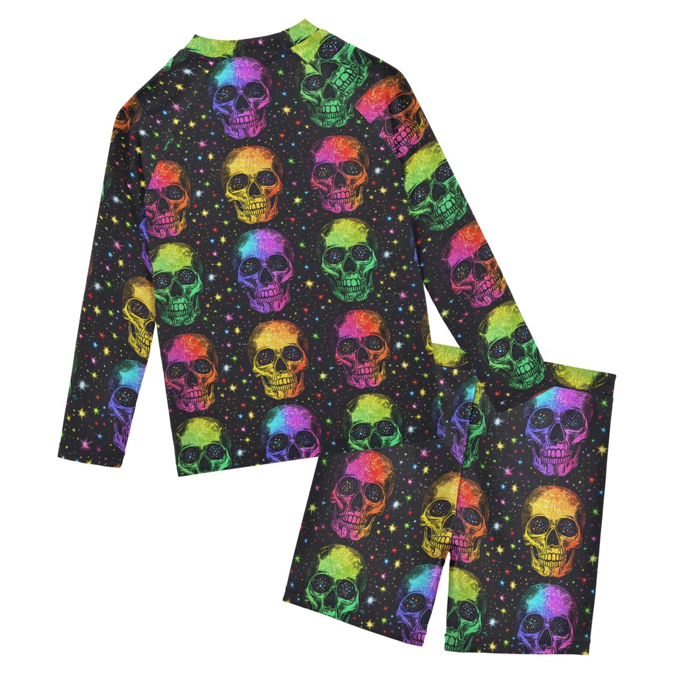 Sugar Skull Skeleton Colorful Toddler Boys' 2-Piece Swimsuit Trunk, Long Sleeve Rashguard Bathing Suit B0403450