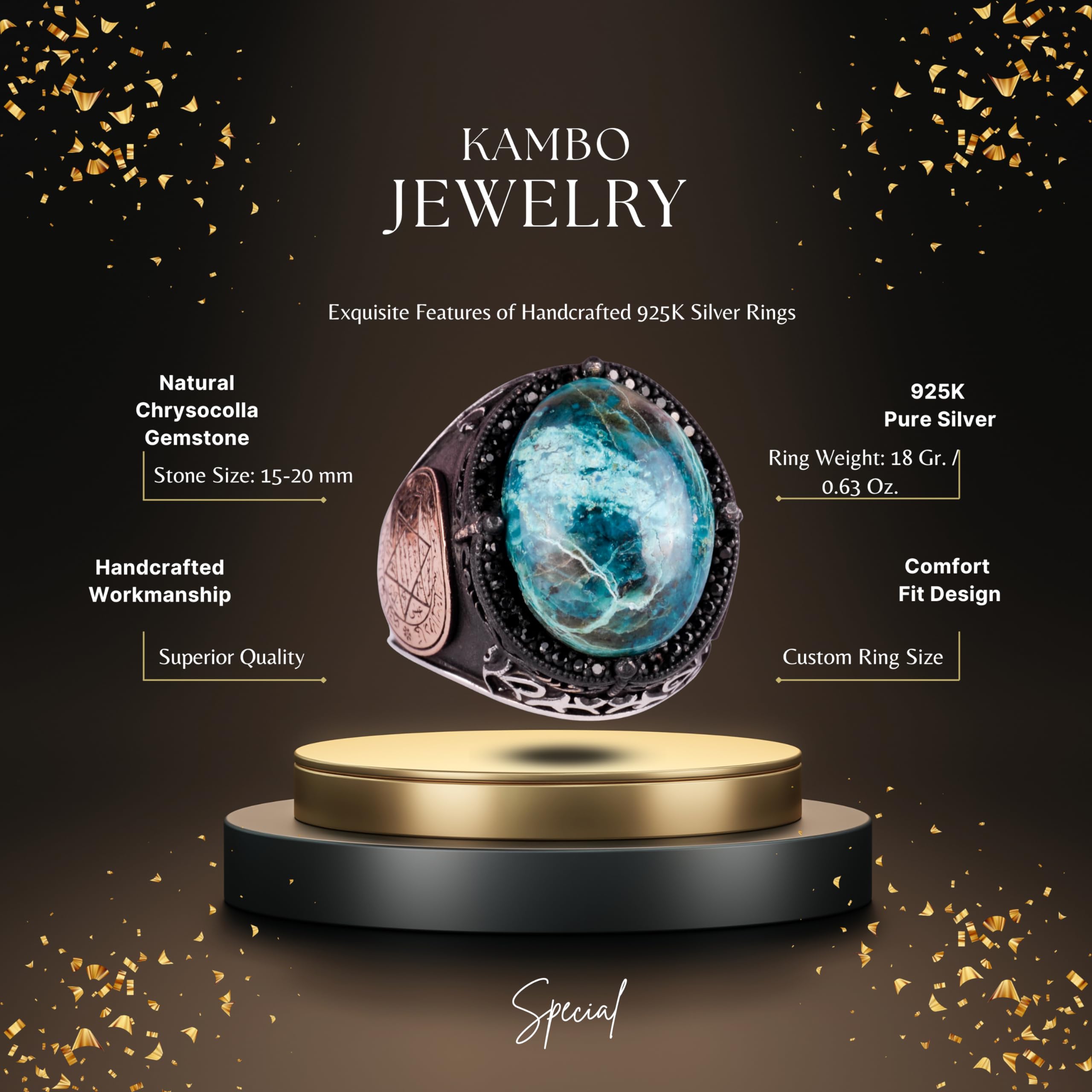 KAMBO Anillo de plata con sello de Salomón, anillo de piedra preciosa de crisocola natural real, de plata de ley maciza de 925 quilates, para hombre, piedra preciosa de, crisocolla
