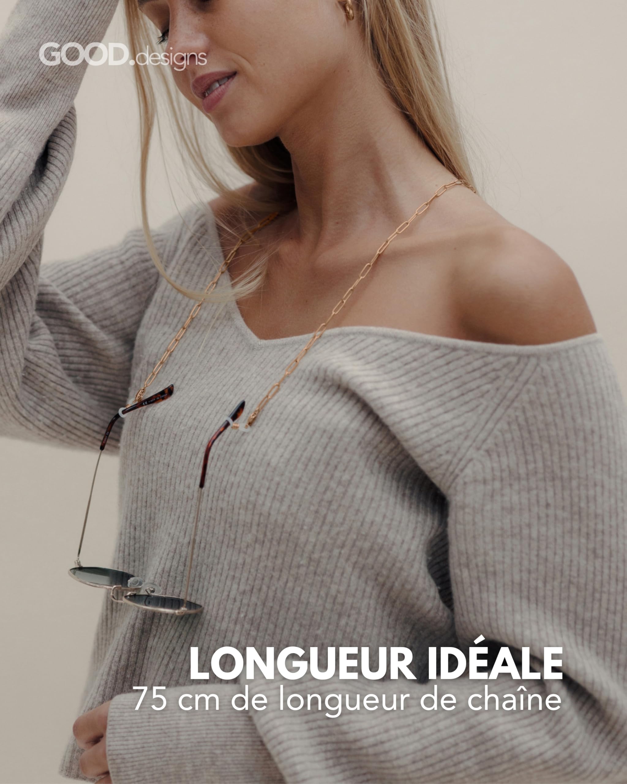 GD GOOD.designs Chaîne à Lunettes Femme (75 cm) Résistante à l’Eau | Chaîne pour Lunettes en Or, Argent ou Or Rose | Cordon à Lunettes en Acier Inoxydable pour Lunettes de Soleil