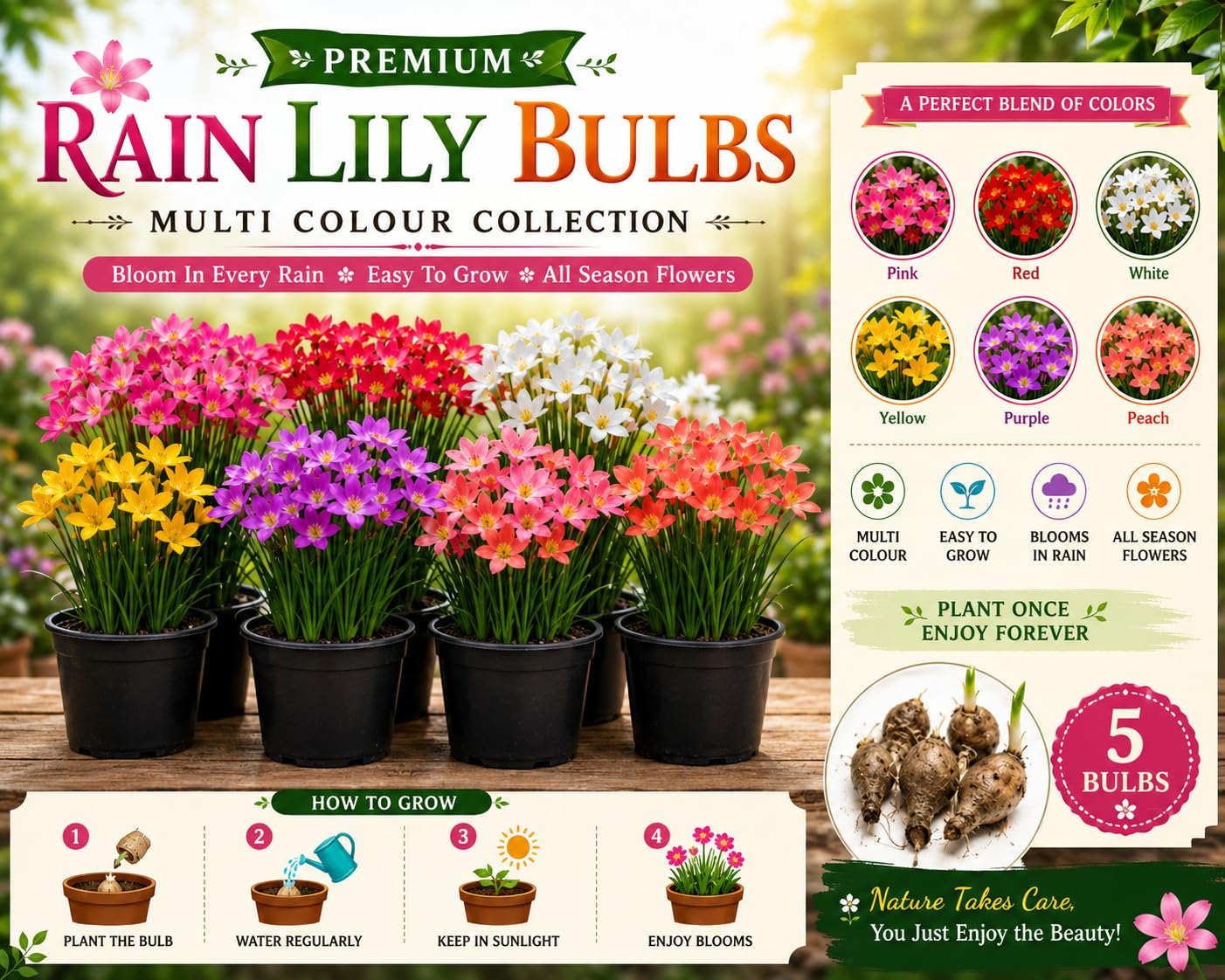 Rain Lily Flower Bulbs Multicolour Collection Pack of 5 | Blooms in Rain, Easy to Grow, All Season Flowers, 6 Colour Varieties, Plant Once Enjoy Forever-image-36
