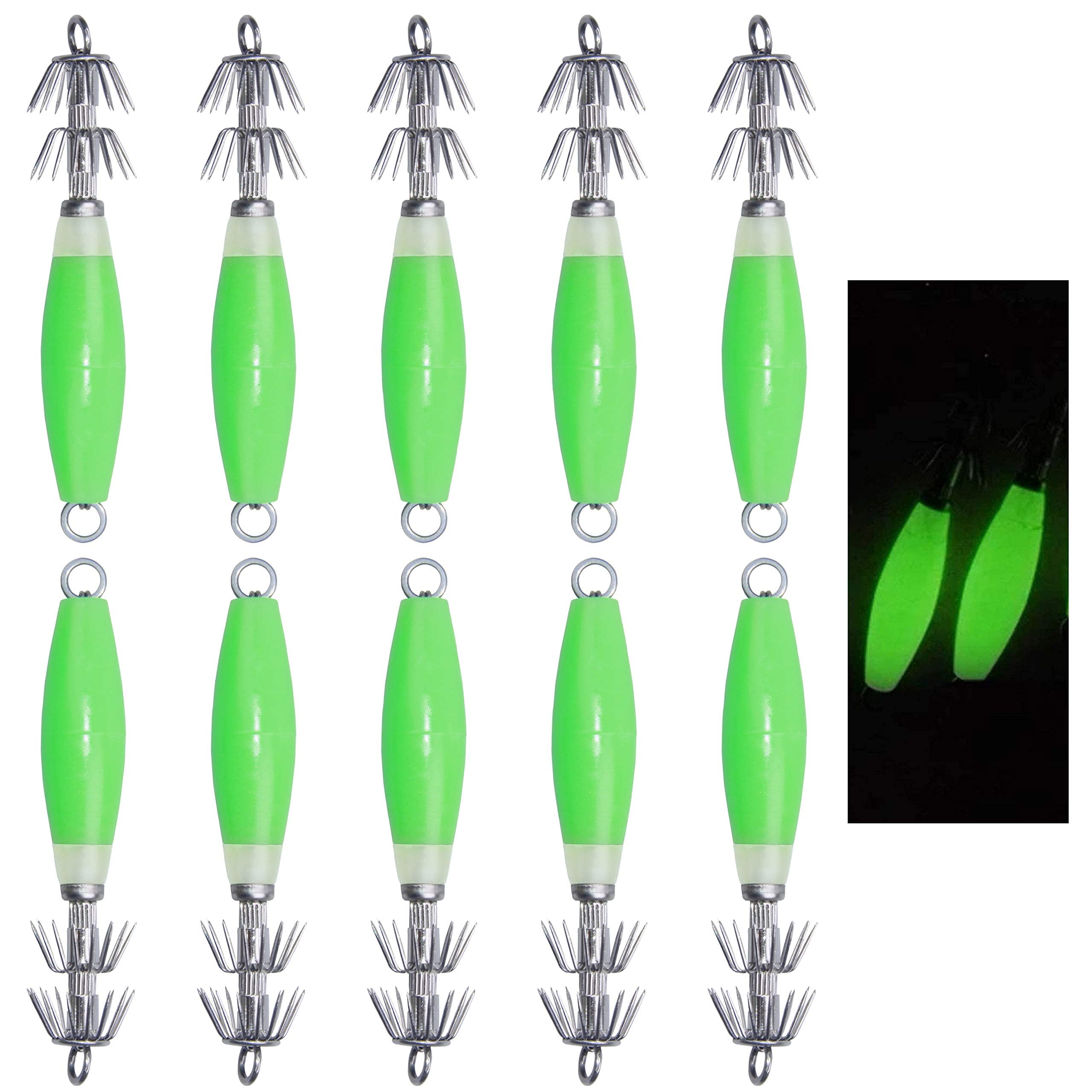 Glow-in-the-Dark Squid Jig Hooks for Saltwater 10PCS, Luminous Squid Jigs Kit Fluorescent Cuttlefish Sleeve Jig Set Saltwater Octopus Lures with Hard Baits for Cuttlefish and Octopus