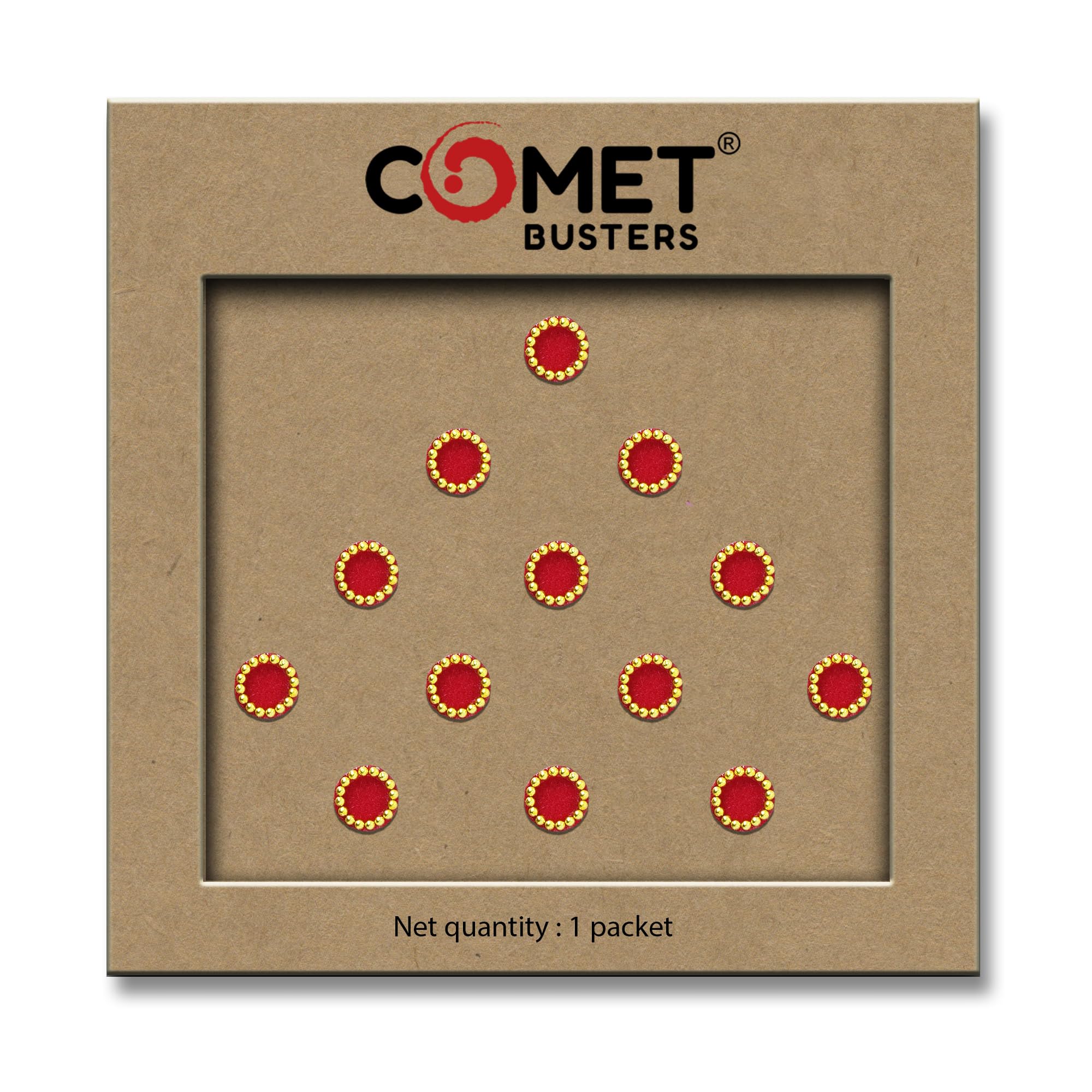 Comet Busters Red Round Bindis With Gold Beads Border (5 mm