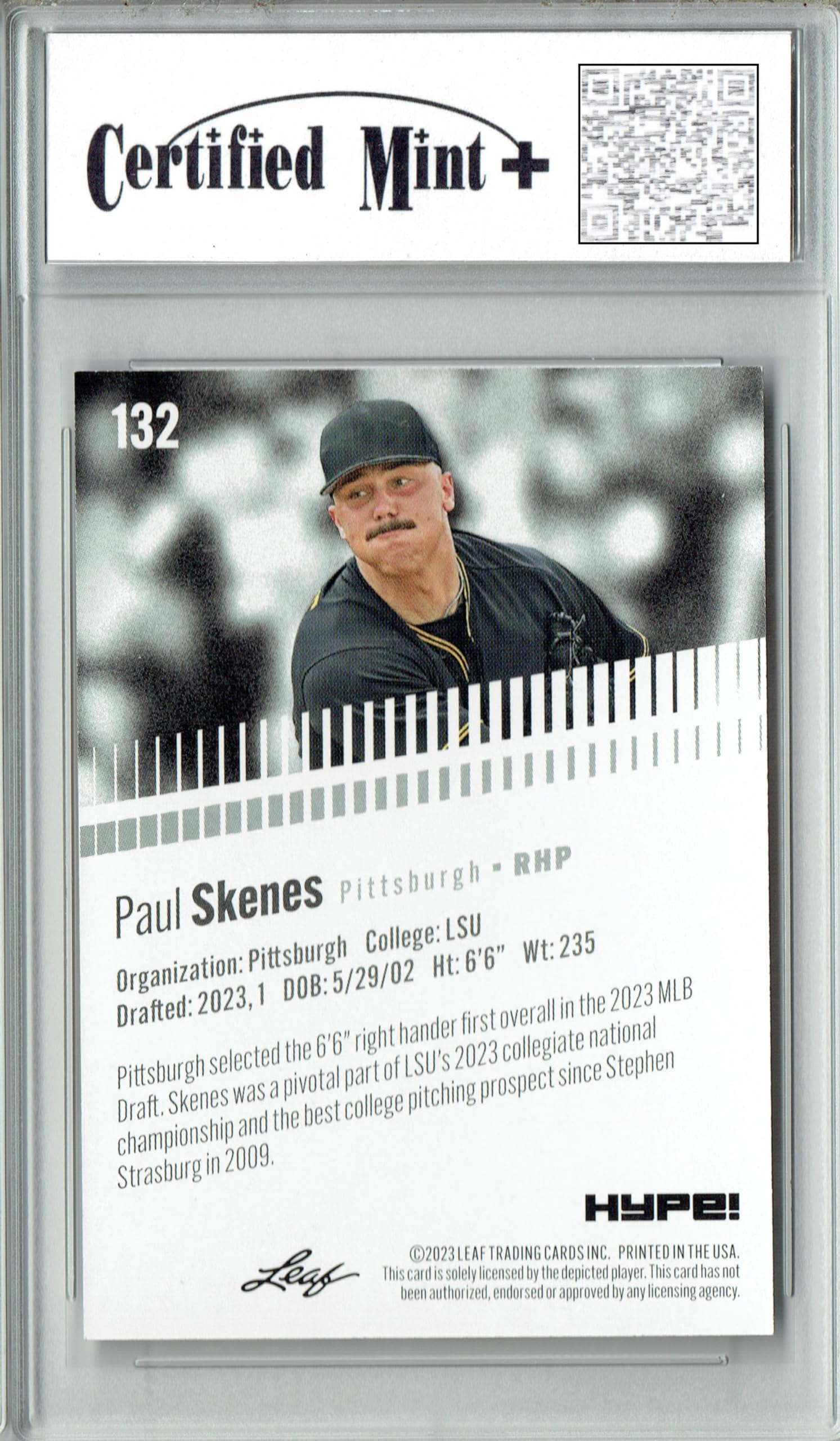 Amazon.com: Certified Mint+ Paul Skenes 2023 Leaf HYPE #132 Only 5000 Made  Rookie Card Pittsburgh Pirates : Collectibles & Fine Art