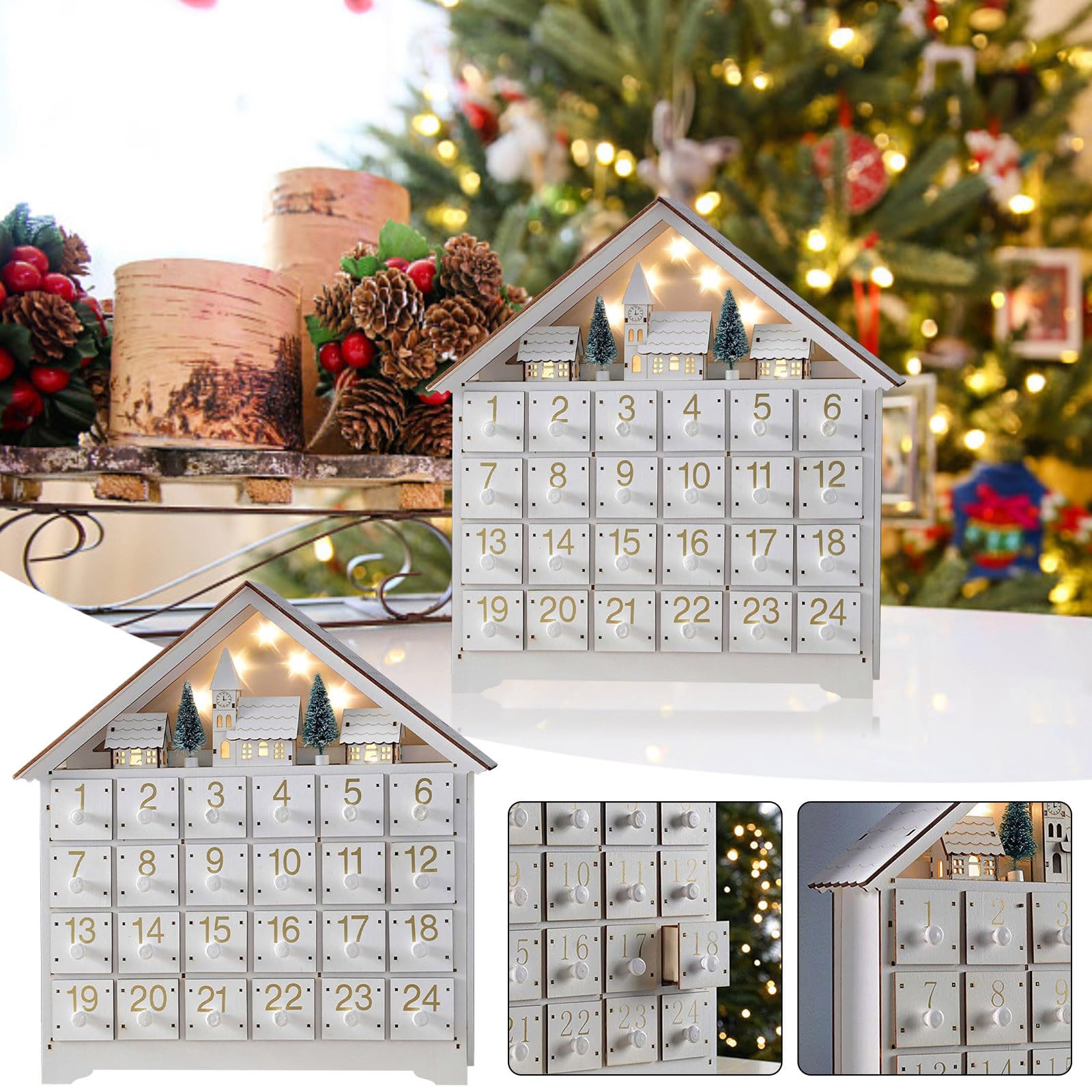 Amazon.co.jp: クリスマス木製アドベントカレンダー 引き出しとLED付き