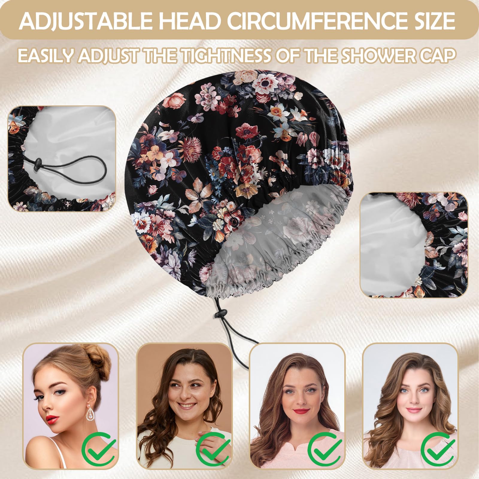BHAHB 2 PCS Shower Cap Reusable Waterproof Double Layer Elastic Adjustable Hair Bath Caps Cute Aesthetic for Women Girls (V16-Flowers Rose) - Image 4