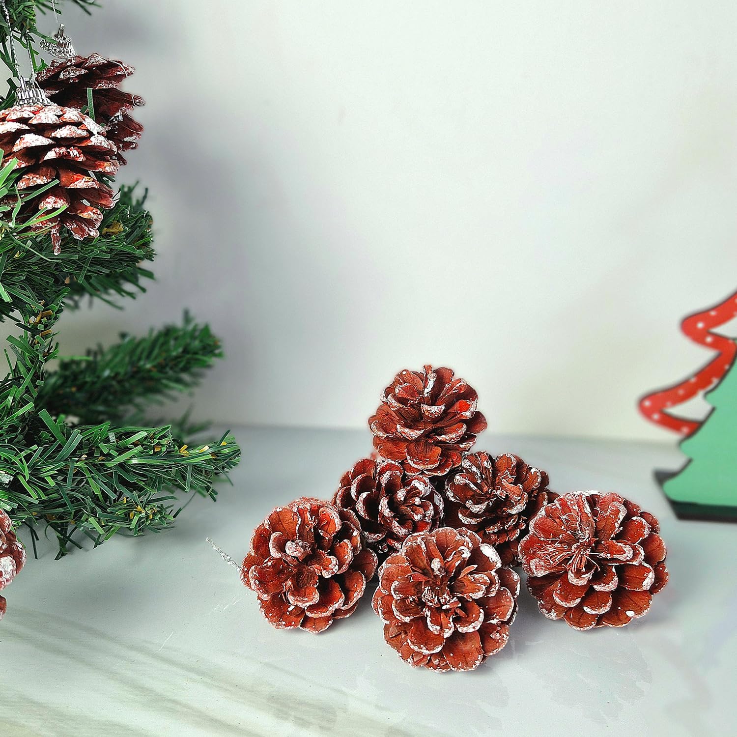 Ascension Natural Pine Cone Wooden Hanging Pine Cone for Christmas (Red) Pack of 6 for Christmas Tree Wreath Decoration Wooden Hanging Ornaments Crafts and Seasonal Decor