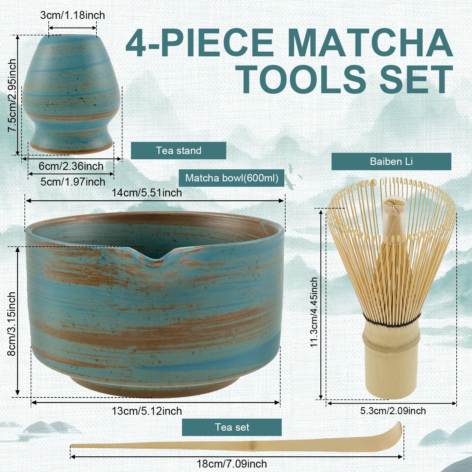 4Pcs Japanese Matcha Tea Set - Ceramic Bowl with Bamboo Whisk, Holder and Scoop Traditional Tea Ceremony Kit (F) - Image 2