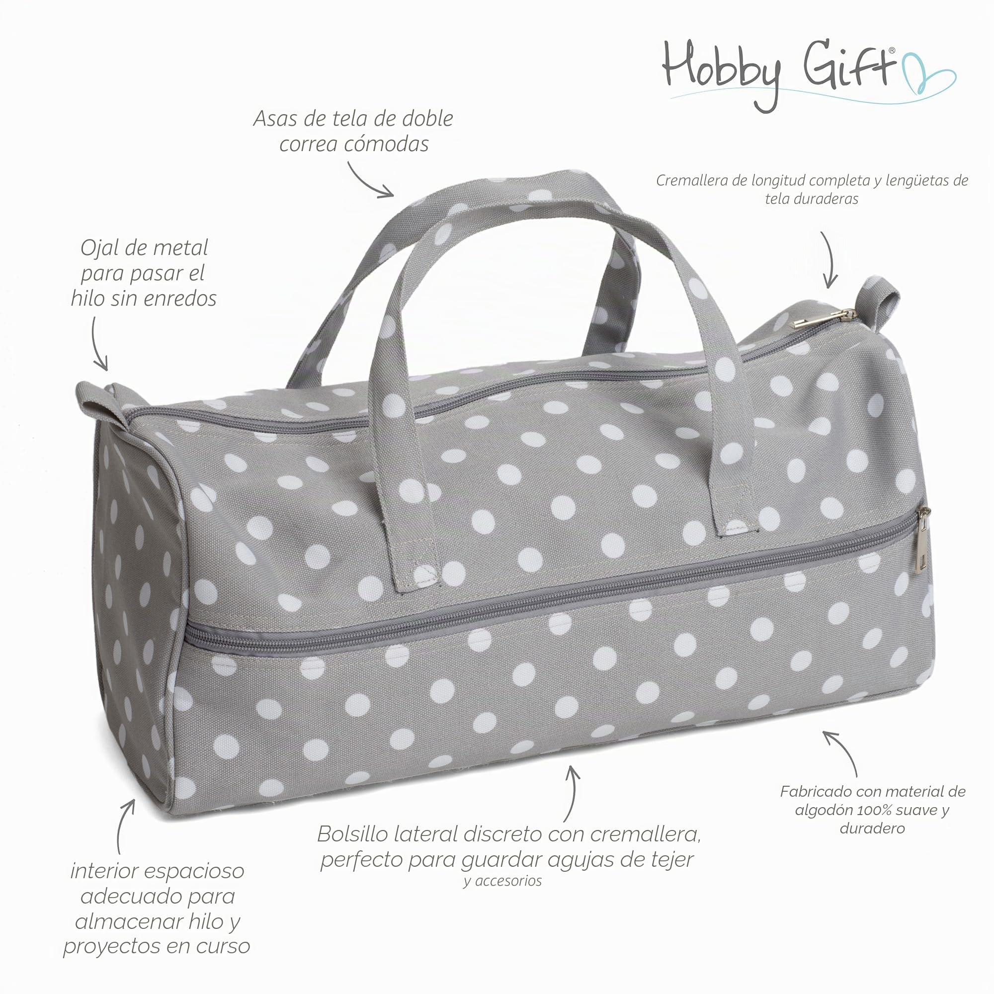 Hobby Gift Bolsa de Tejer Mediana con Cremallera Frontal Completa, Organizador de Crochet y Almacenaje de Lana para Viaje, Bolsa de Costura con Compartimentos, 16 x 43 x 19 cm, Lunares Gris