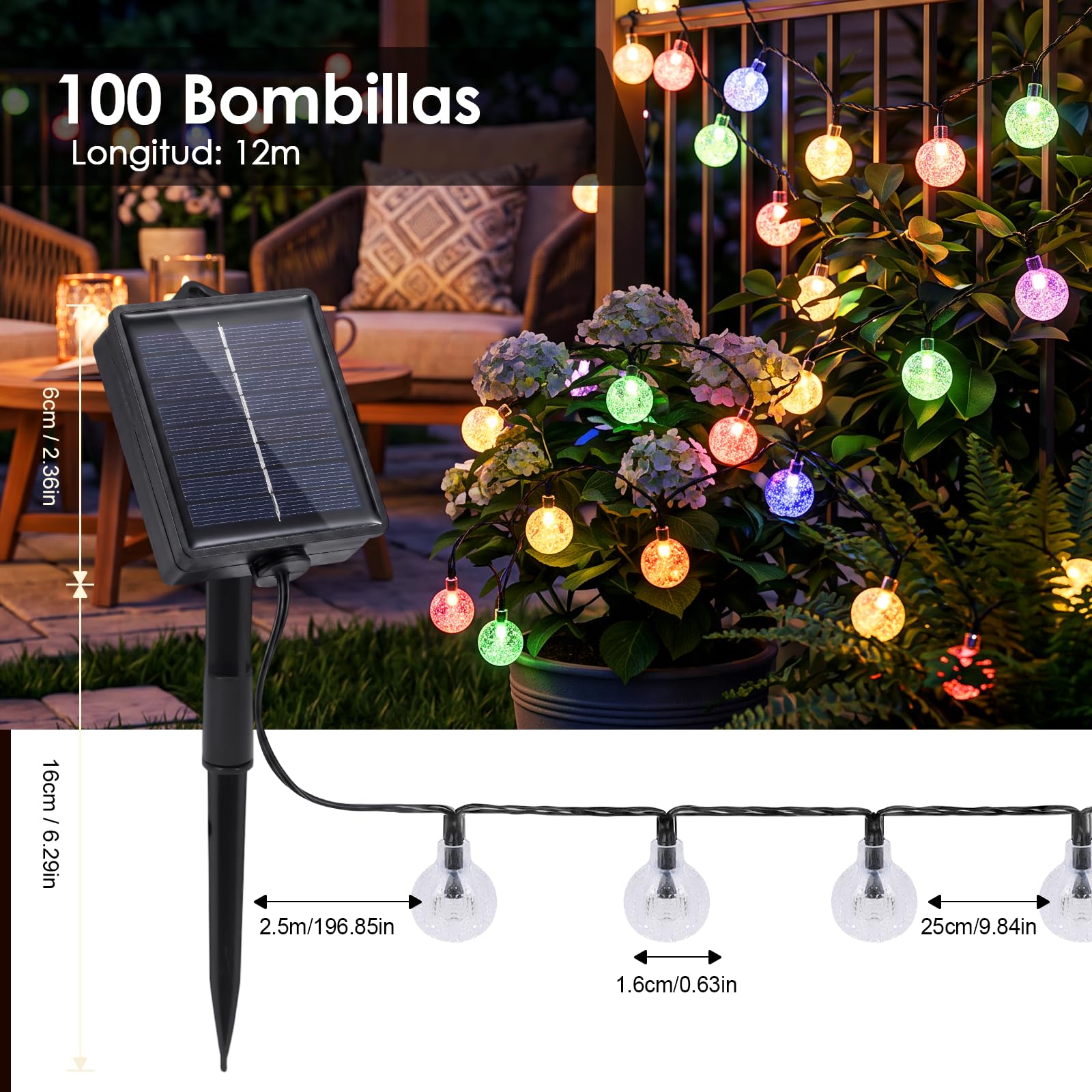 Tomshine Solar-Lichterkette für den Außenbereich, wasserdicht, mit Fernbedienung und Timer, 100 LEDs, 12 m, 8 Beleuchtungsmodi, wasserdicht, solarbetrieben, für Garten, Hof, Veranda, Hochzeit, Party