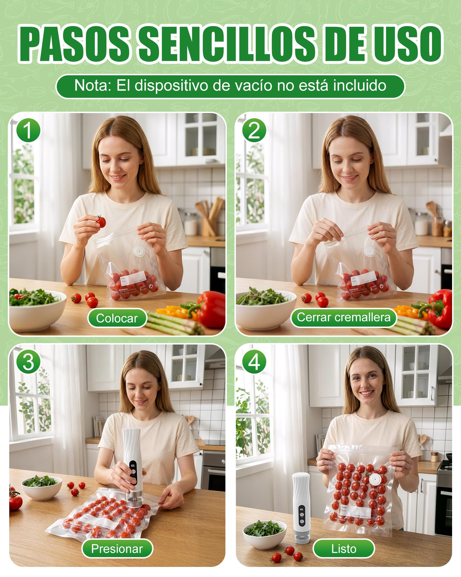 Babacom 30PCS Bolsas Vacio Alimentos Reutilizables para Envasadora al Vacío con Válvula de Aire y 10 Pinzas–Mediano (26x28cm), sin BPA,Mantienen Frescura para Congelador,Microondas y Cocción Sous Vide