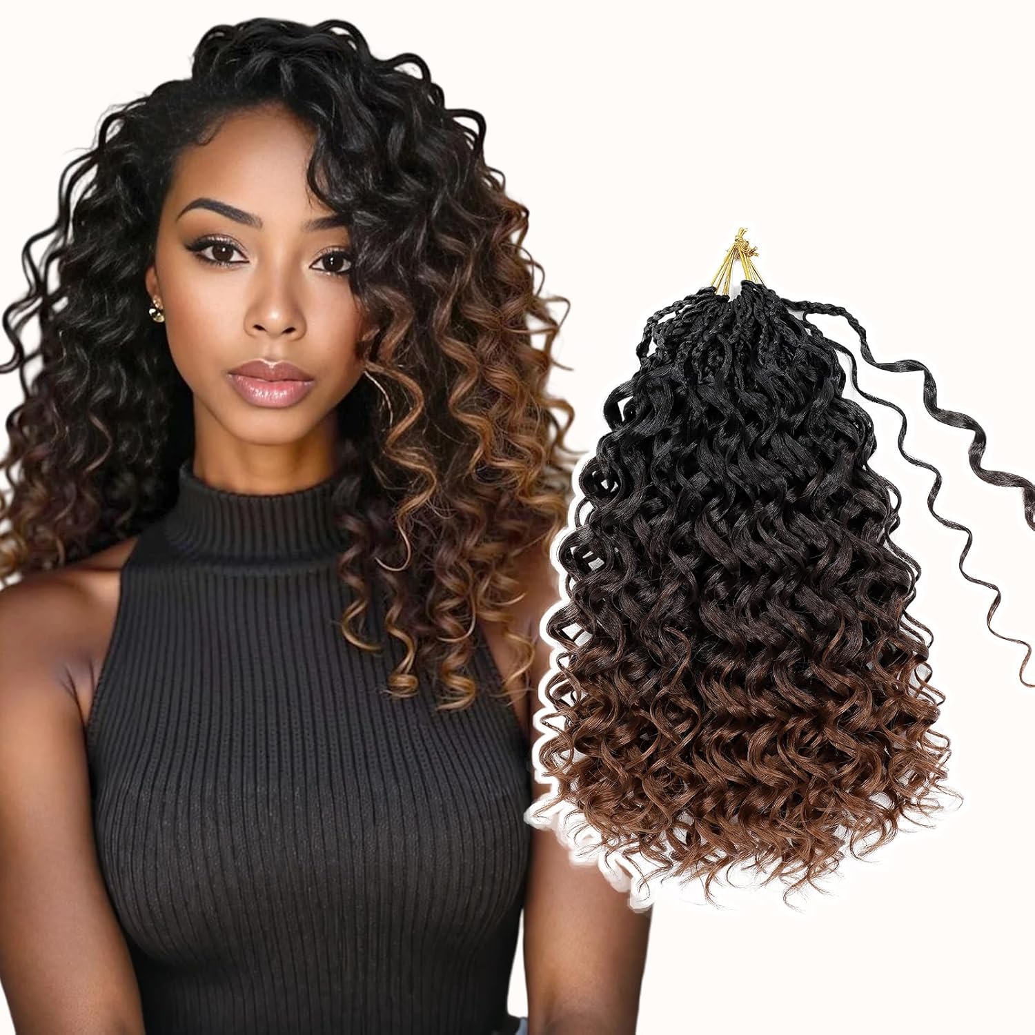Pre looped GoGo Curl Crochet Hair 12 Inch 8pcs Curly Crochet Hair for Women Pre twisted Boho Box Braids with Curly Ends Water Wave Synthetic Hair Extensions Ombre Dark Brown to Brown 1B/4/30