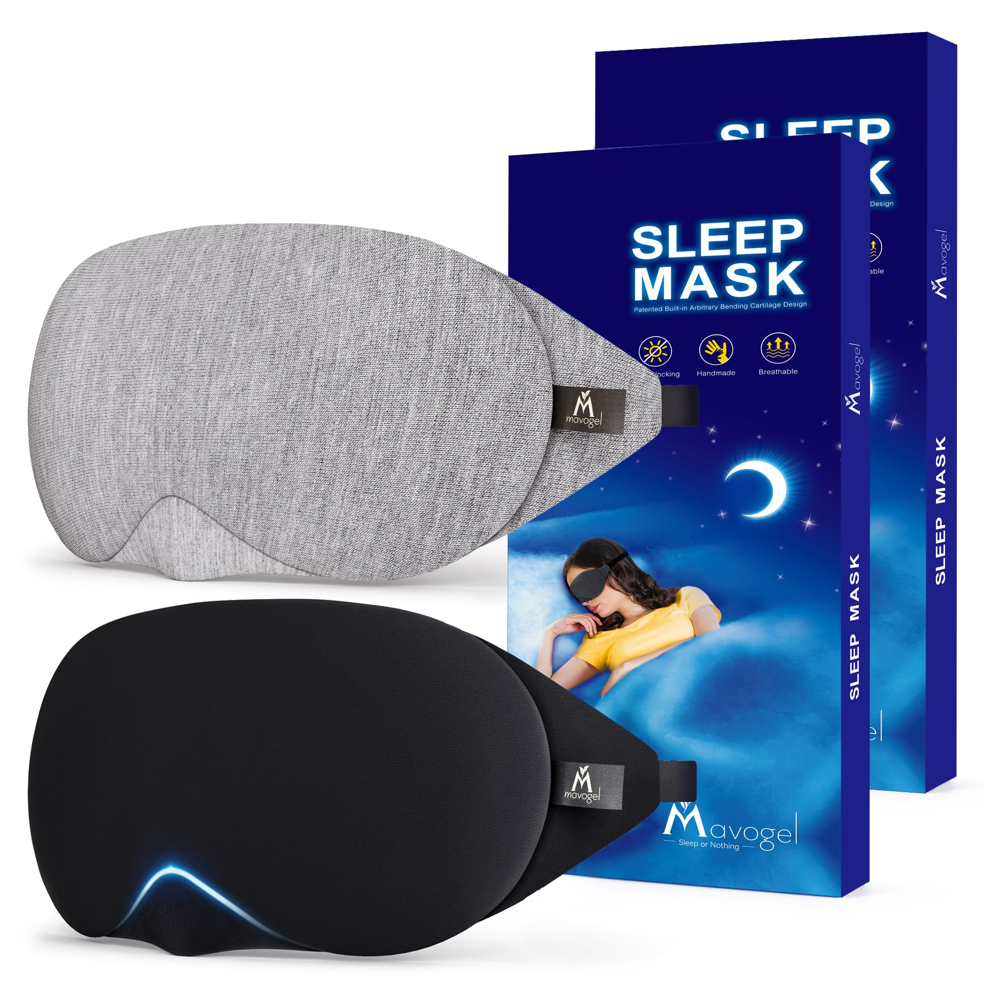mavogel cotton sleep eye mask - updated design light blocking sleep mask, soft and comfortable eye blindfold for men women, eye mask for sleeping/travel/shift work, includes travel pouch, grey & black