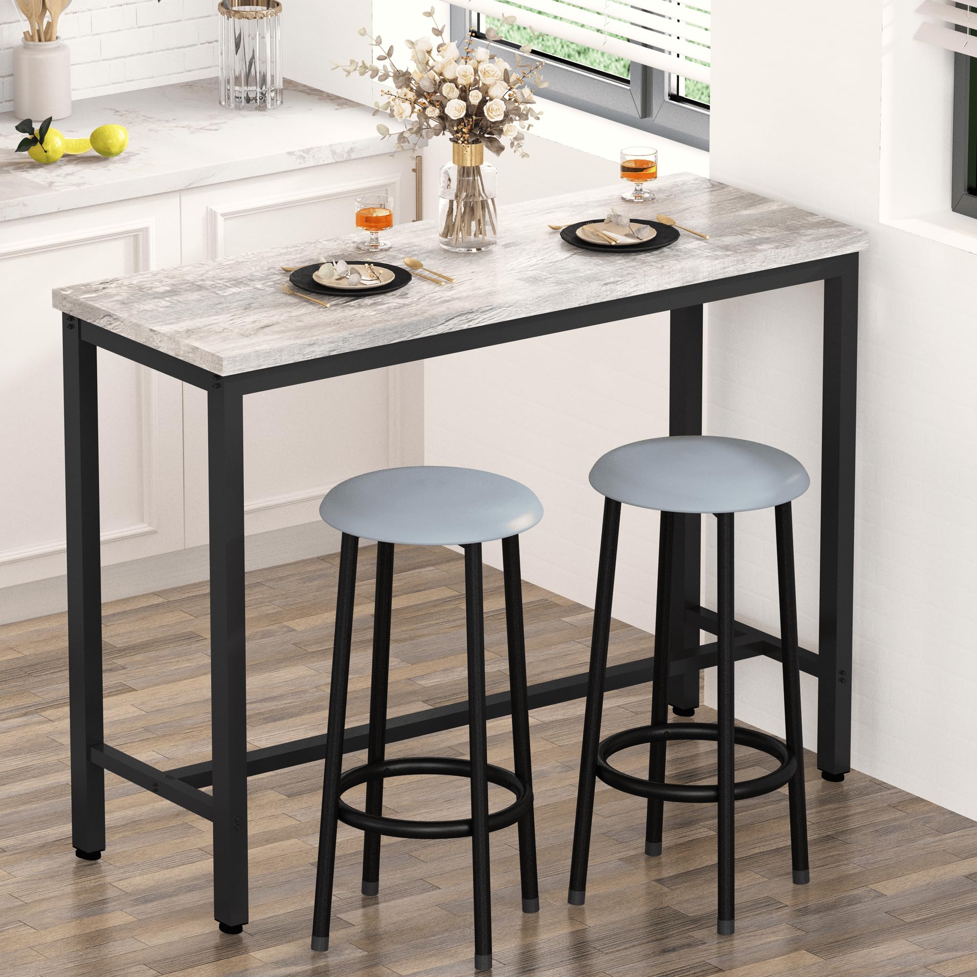 AWQM 39.3" Bar Table Set of 2,Faux Marble Pub Height Table and Chairs Set of 2 with Upholstered Stools,3 Piece Bar Table and Chairs Set Dining Table